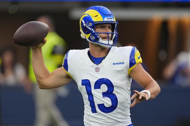 Aug 16, 2025; Inglewood, California, USA; Los Angeles Rams quarterback Stetson Bennett IV (13) throws in the second half against the Los Angeles Chargers at SoFi Stadium. Mandatory Credit: Kirby Lee-Imagn Images Stetson Bennett, Rams, Chargers