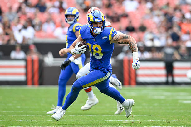 CLEVELAND, OHIO - AUGUST 23: Terrance Ferguson #18 of the Los Angeles Rams carries the ball during the second quarter of an NFL Preseason 2025 game against the Cleveland Browns at Huntington Bank Field on August 23, 2025 in Cleveland, Ohio. (Photo by Nick Cammett/Getty Images) Terrance Ferguson, Rams, Browns