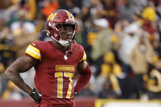 Nov 10, 2024; Landover, Maryland, USA; Washington Commanders wide receiver Terry McLaurin (17) looks on from the field during final minute of the game against the Pittsburgh Steelers at Northwest Stadium. Mandatory Credit: Amber Searls-Imagn Images Terry McLaurin, Commanders