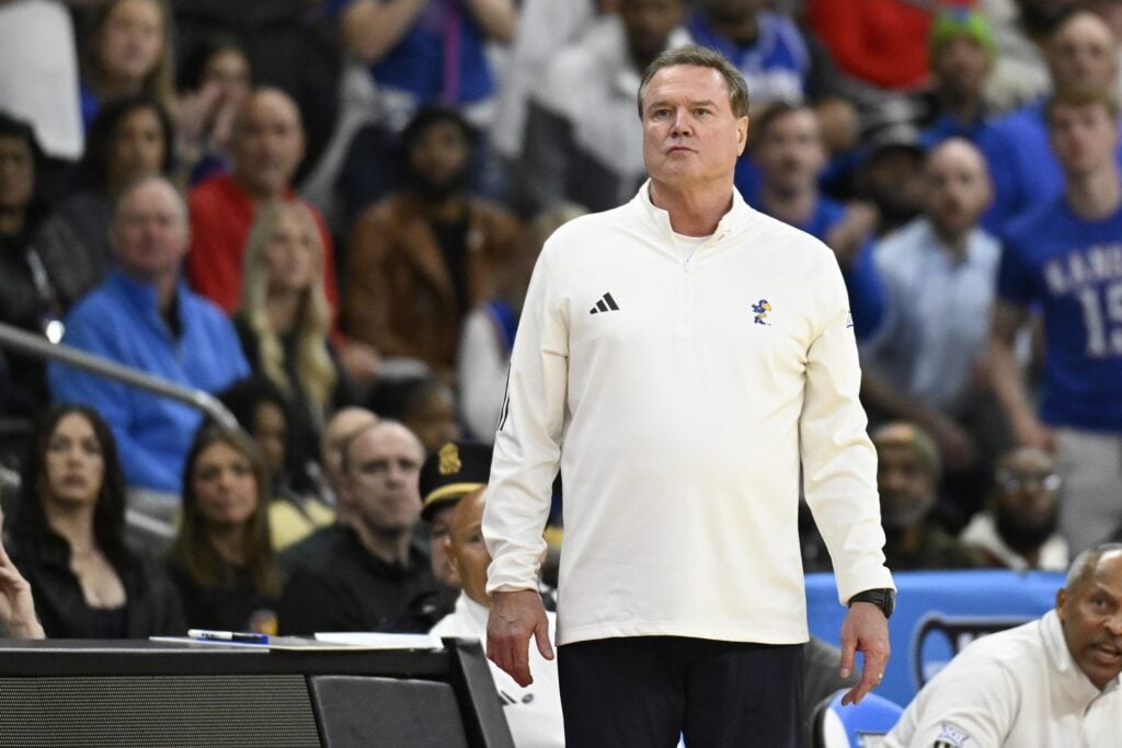 Mar 20, 2025; Providence, RI, USA; Kansas Jayhawks head coach Bill Self reacts during the first half against the Arkansas Razorbacks at Amica Mutual Pavilion. Mandatory Credit: Eric Canha-Imagn Images