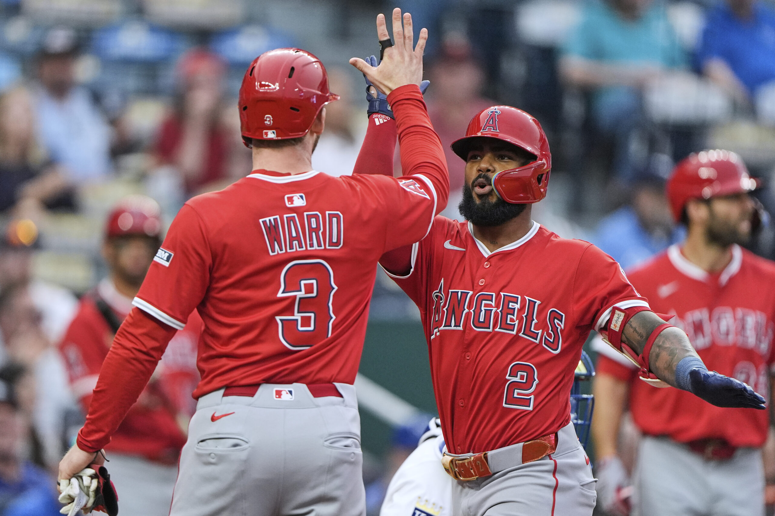 The Angels’ Luis Rengifo (2) celebrates with Taylor Ward (3)...