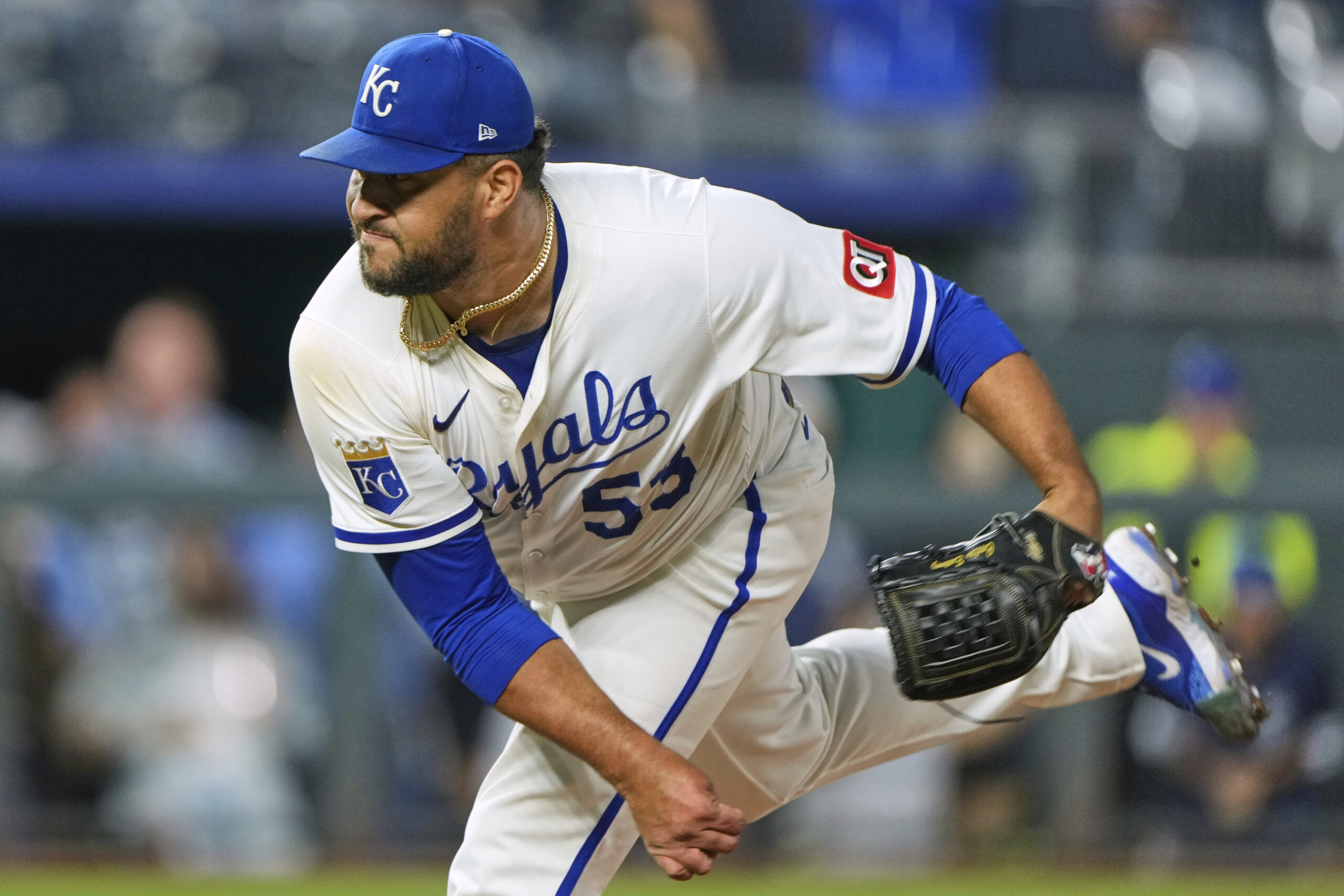 Kansas City Royals relief pitcher Carlos Estevez throws during the...