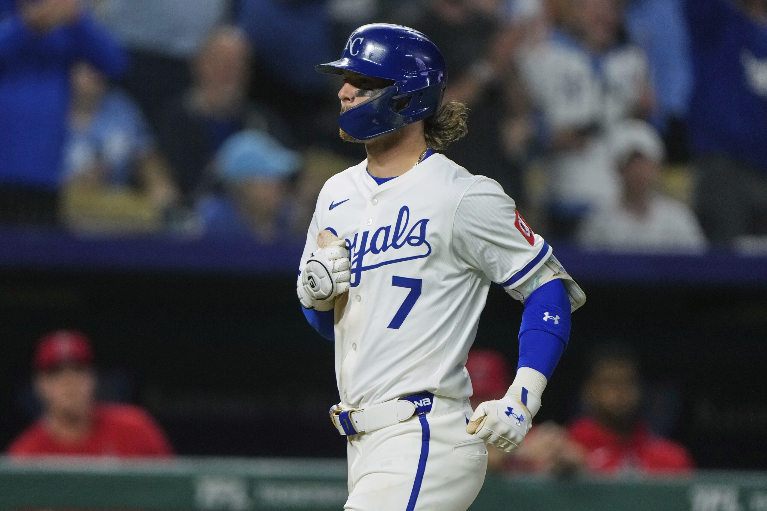 The Kansas City Royals’ Bobby Witt Jr. runs home to...