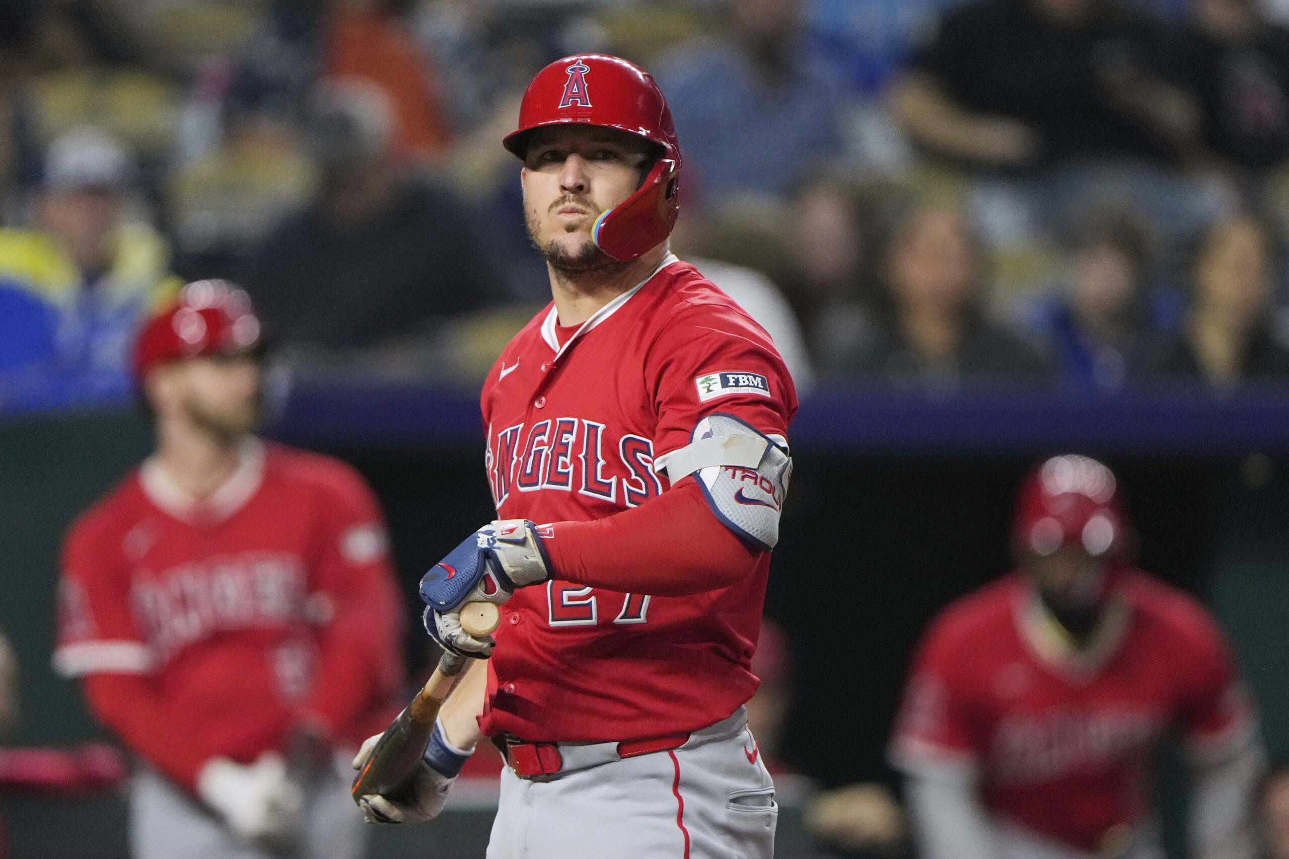 Angels star Mike Trout reacts after striking out during the...