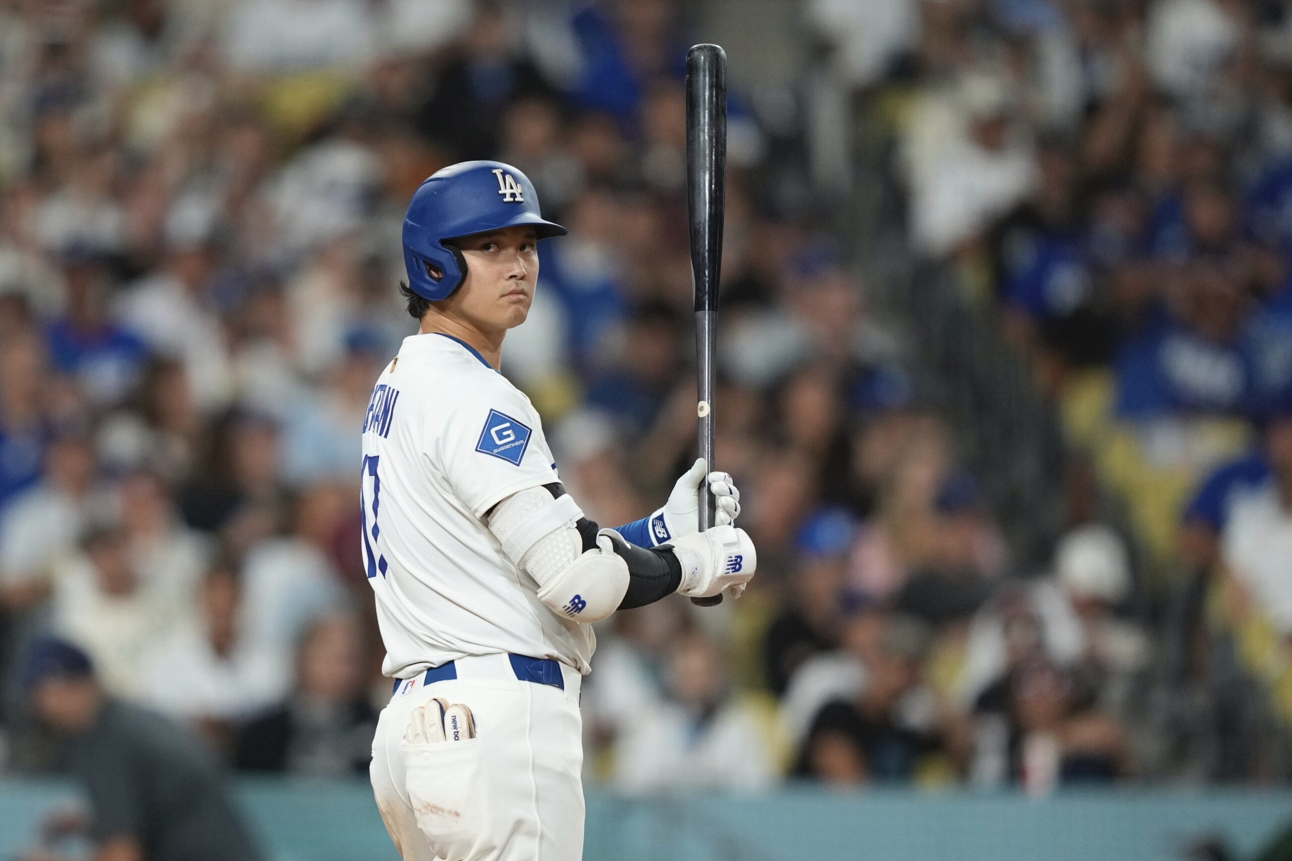 Dodgers star Shohei Ohtani gets set to bat during the...