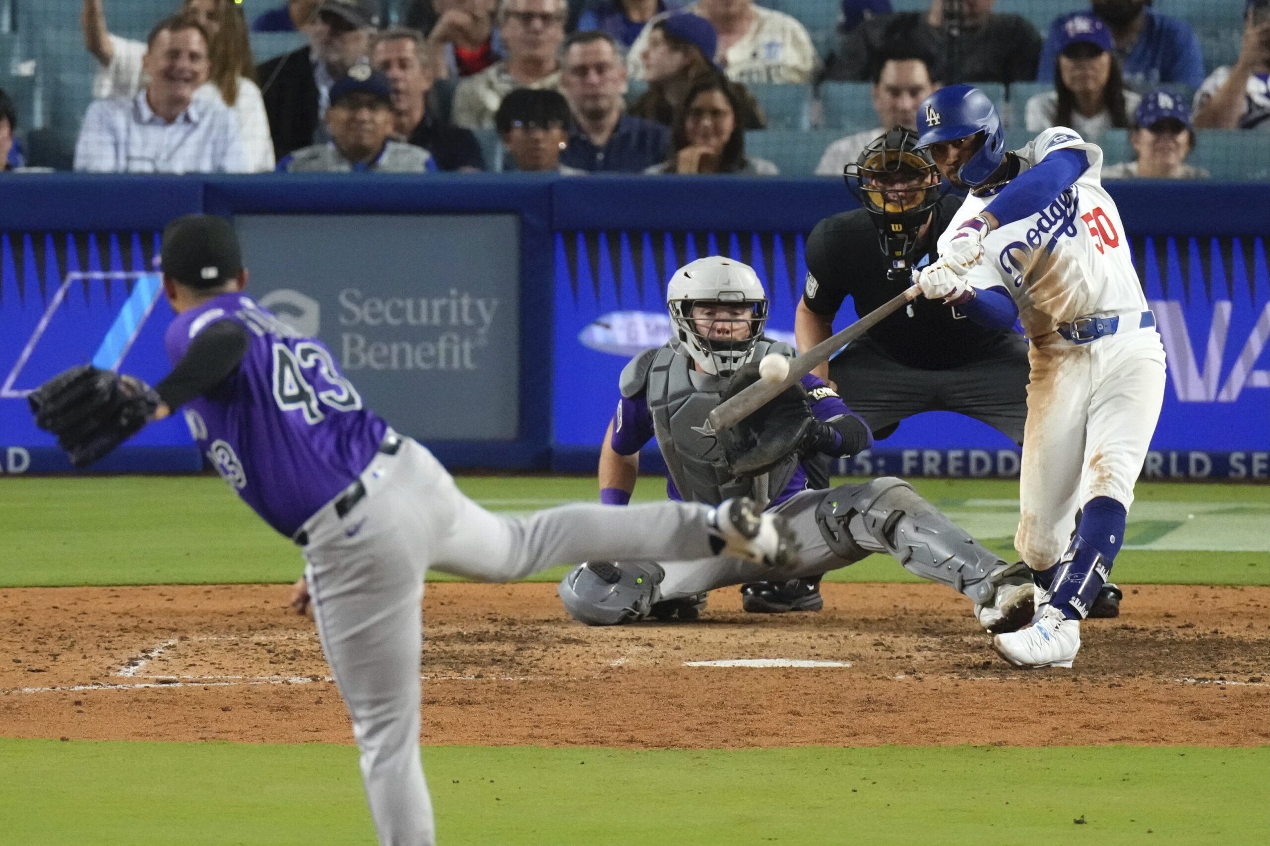 The Dodgers’ Mookie Betts hits a grand slam off of...