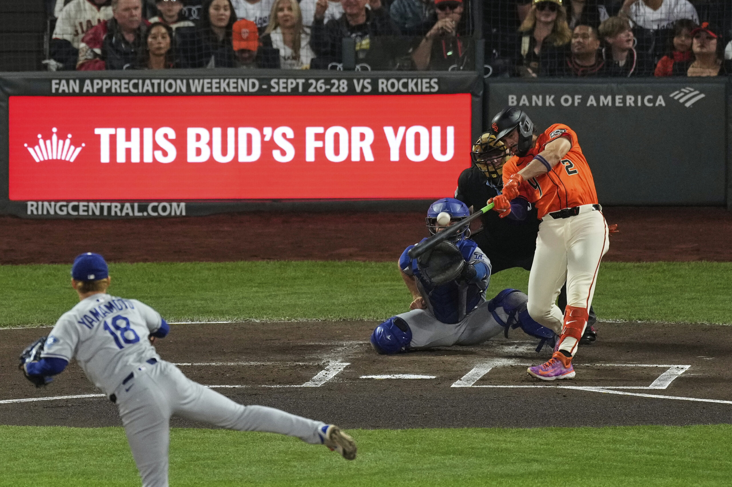 The San Francisco Giants’ Willy Adames hits a double off...
