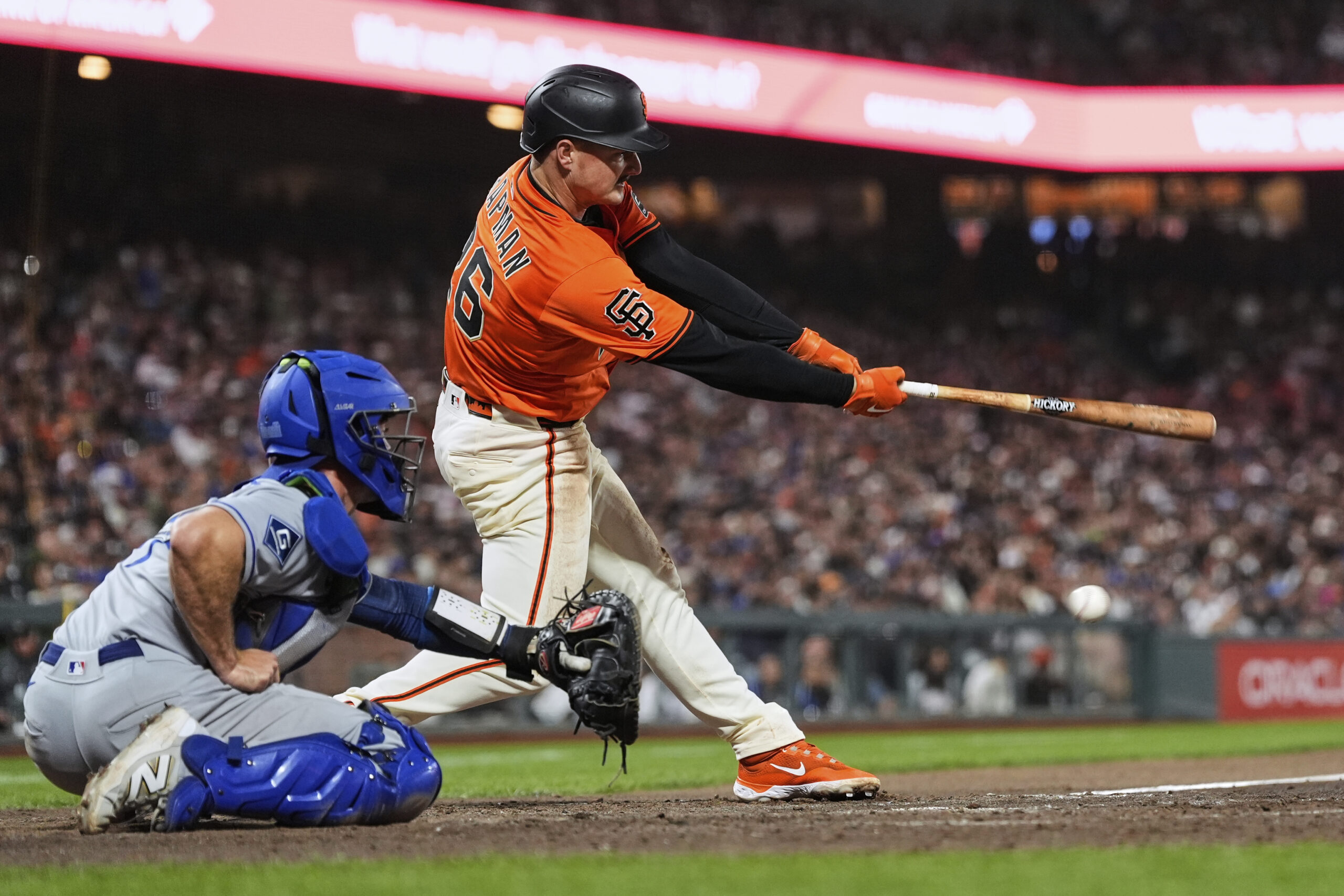 The San Francisco Giants’ Matt Chapman, right, strikes out during...