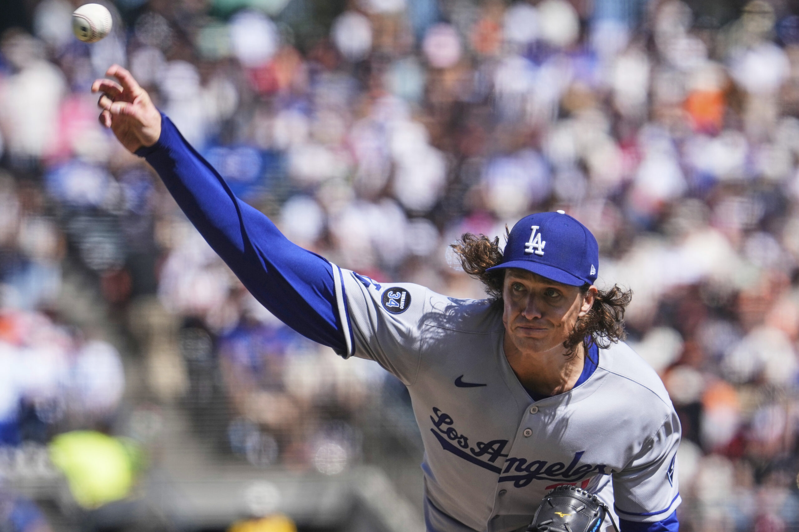 Dodgers’ Tyler Glasnow pitches to a San Francisco Giants batter...