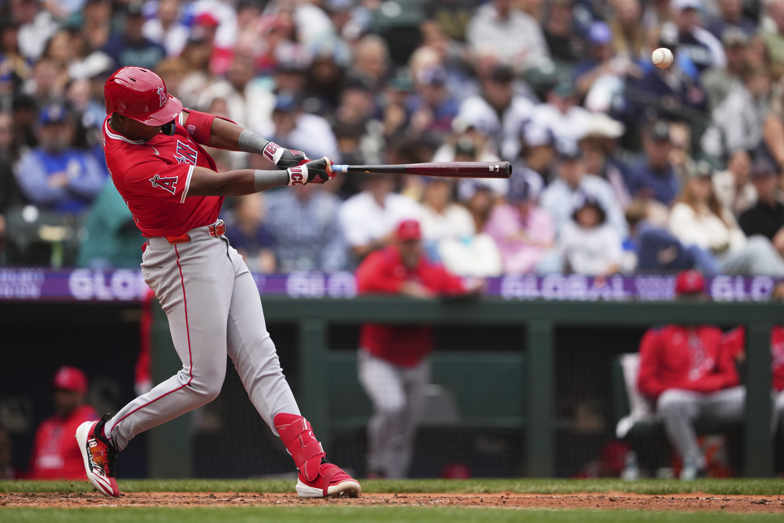 Angels’ Denzer Guzman connects on his first Major League hit...