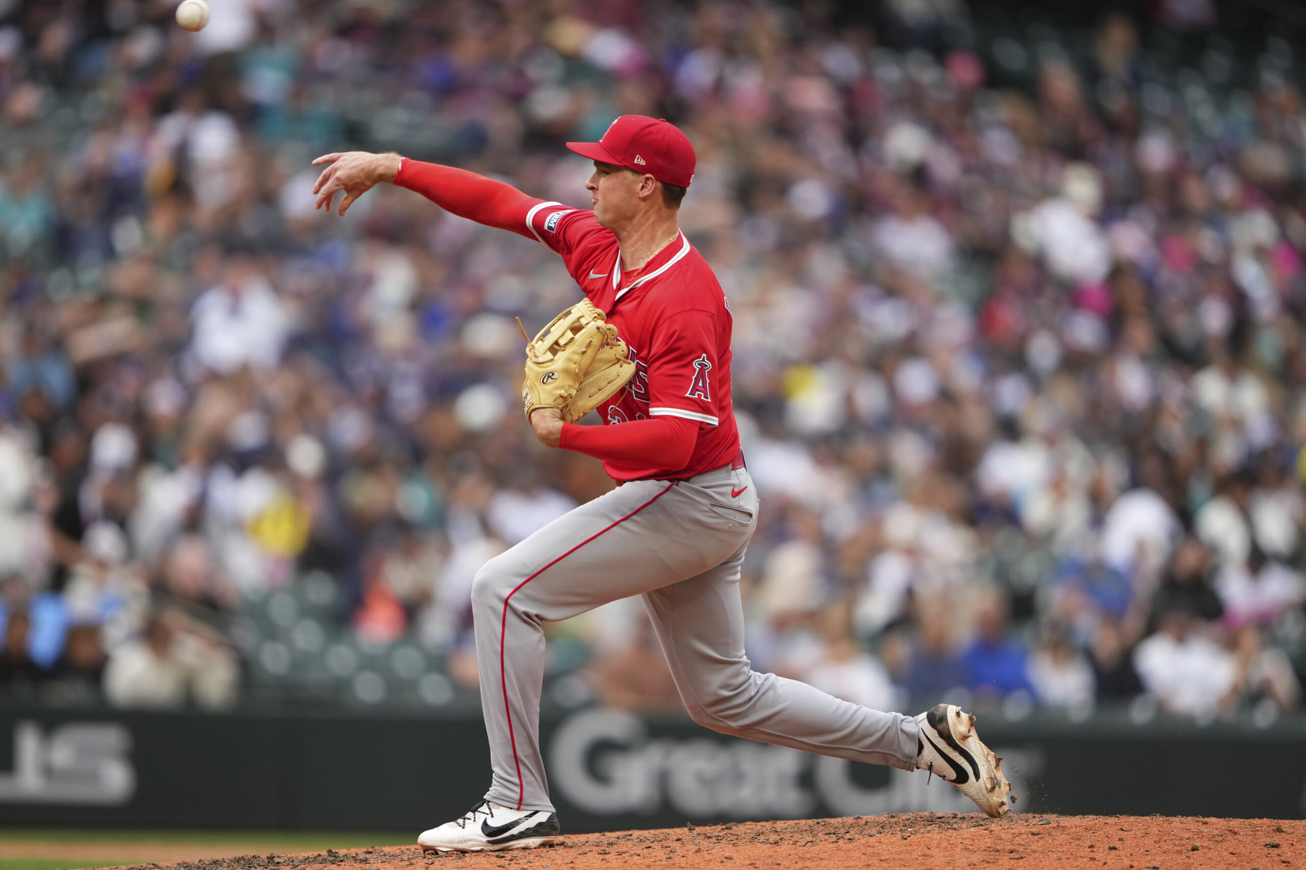 Angels’ Logan Davidson pitches against the Seattle Mariners during the...