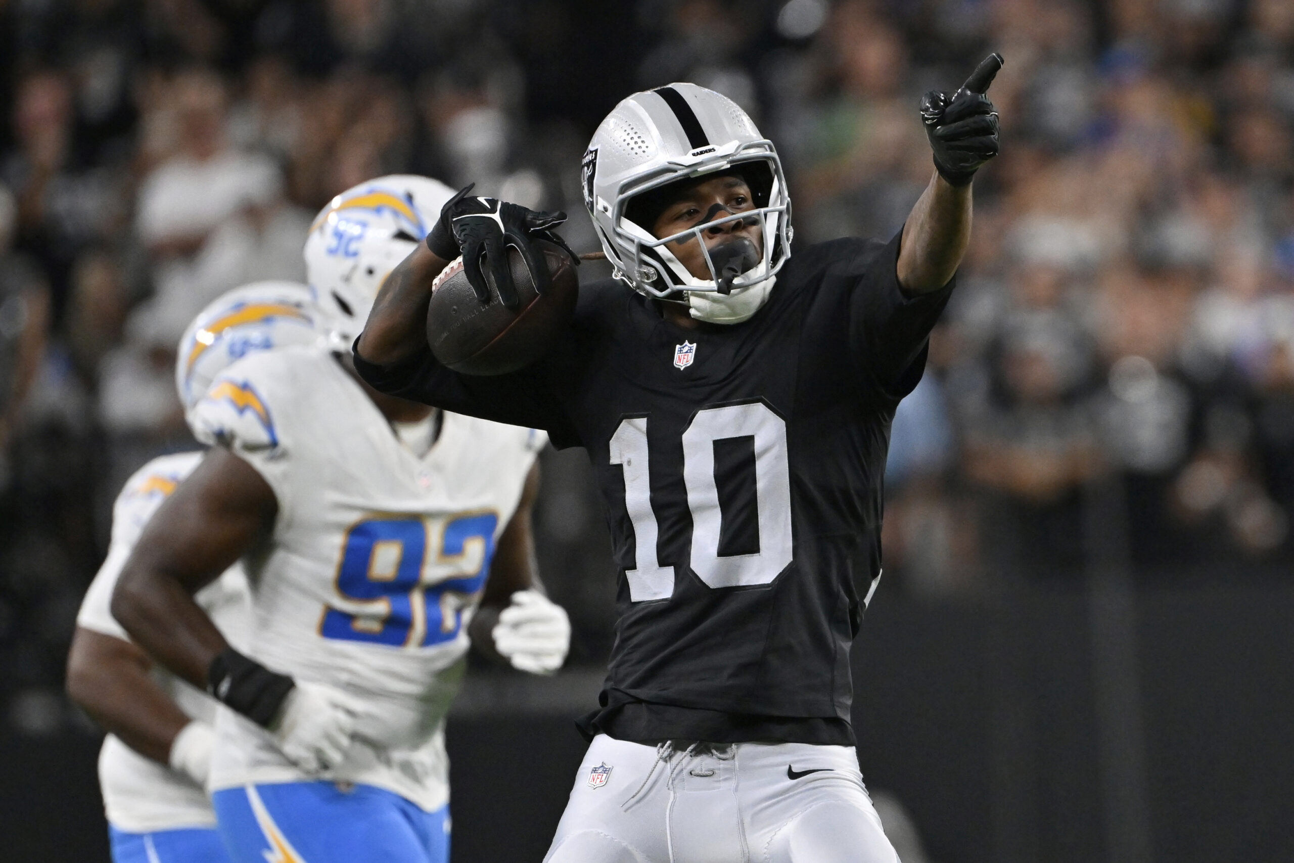Las Vegas Raiders wide receiver Dont’e Thornton Jr. (10) reacts...