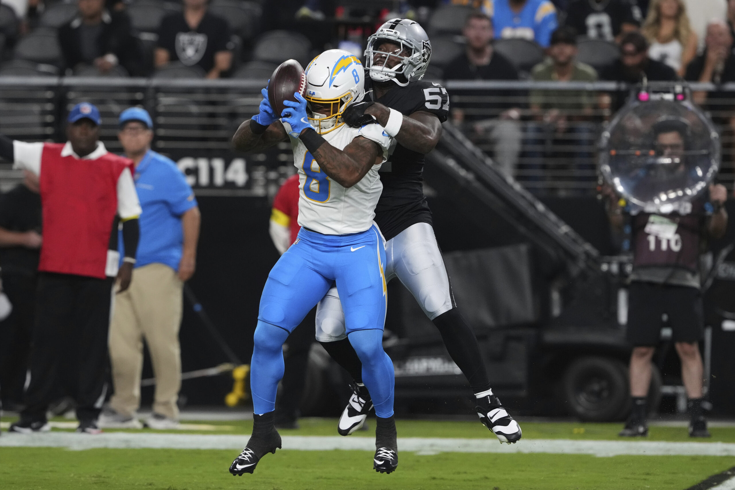 Chargers running back Omarion Hampton (8) misses a catch attempt...