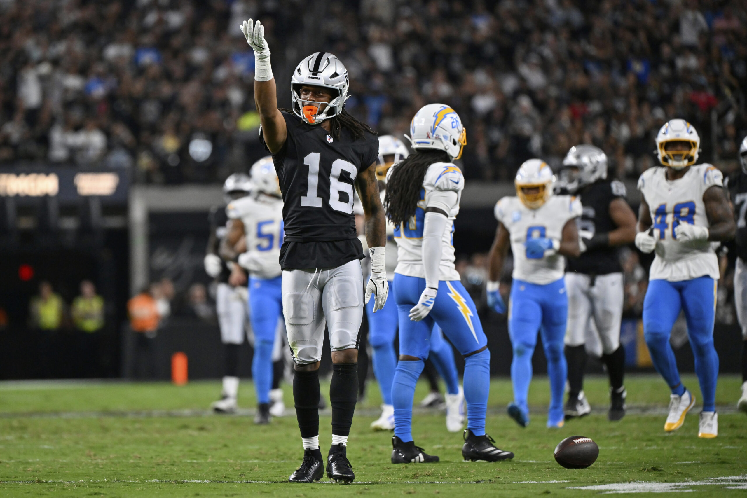 Las Vegas Raiders wide receiver Jakobi Meyers (16) reacts after...
