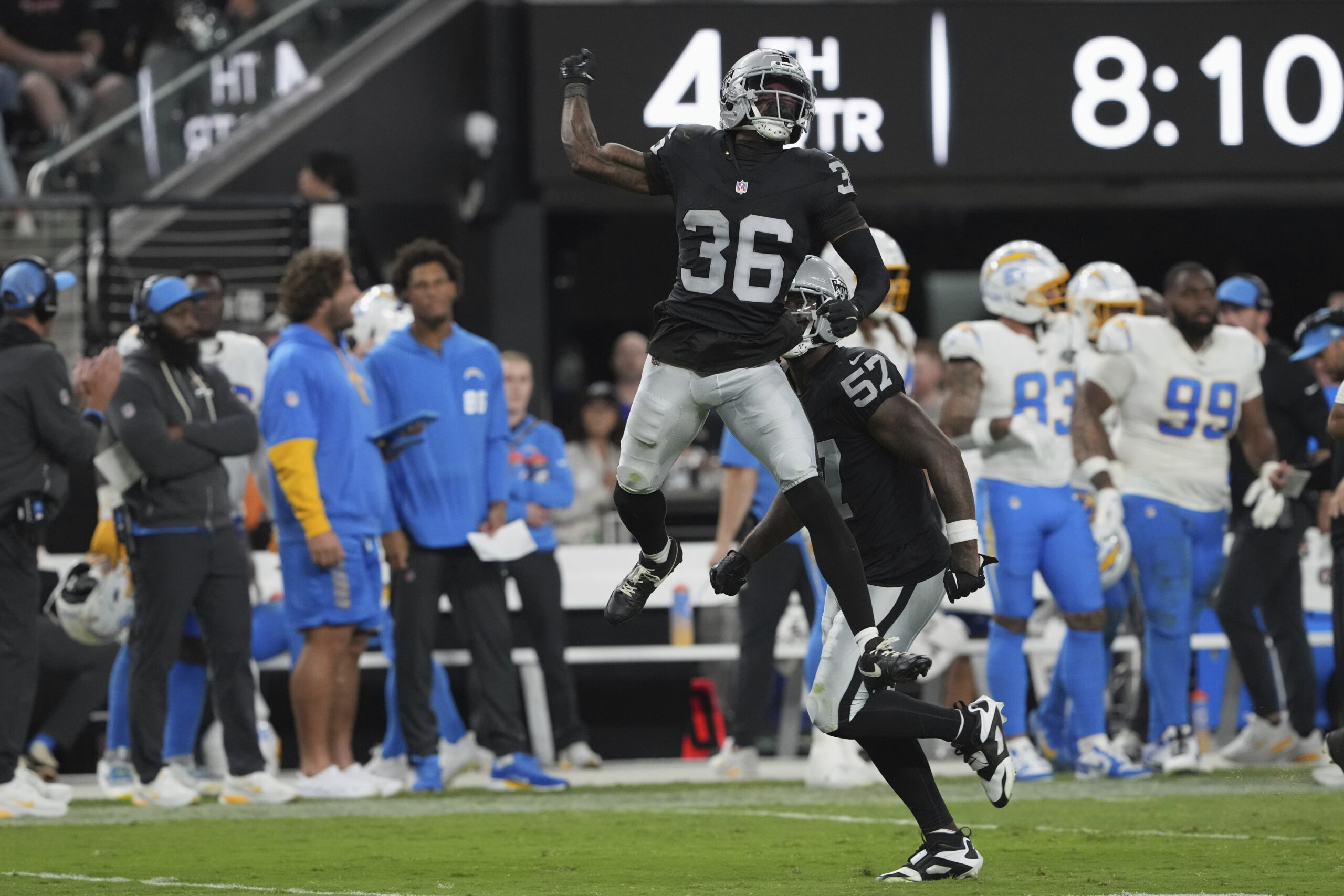 Las Vegas Raiders cornerback Kyu Blu Kelly (36) celebrates after...