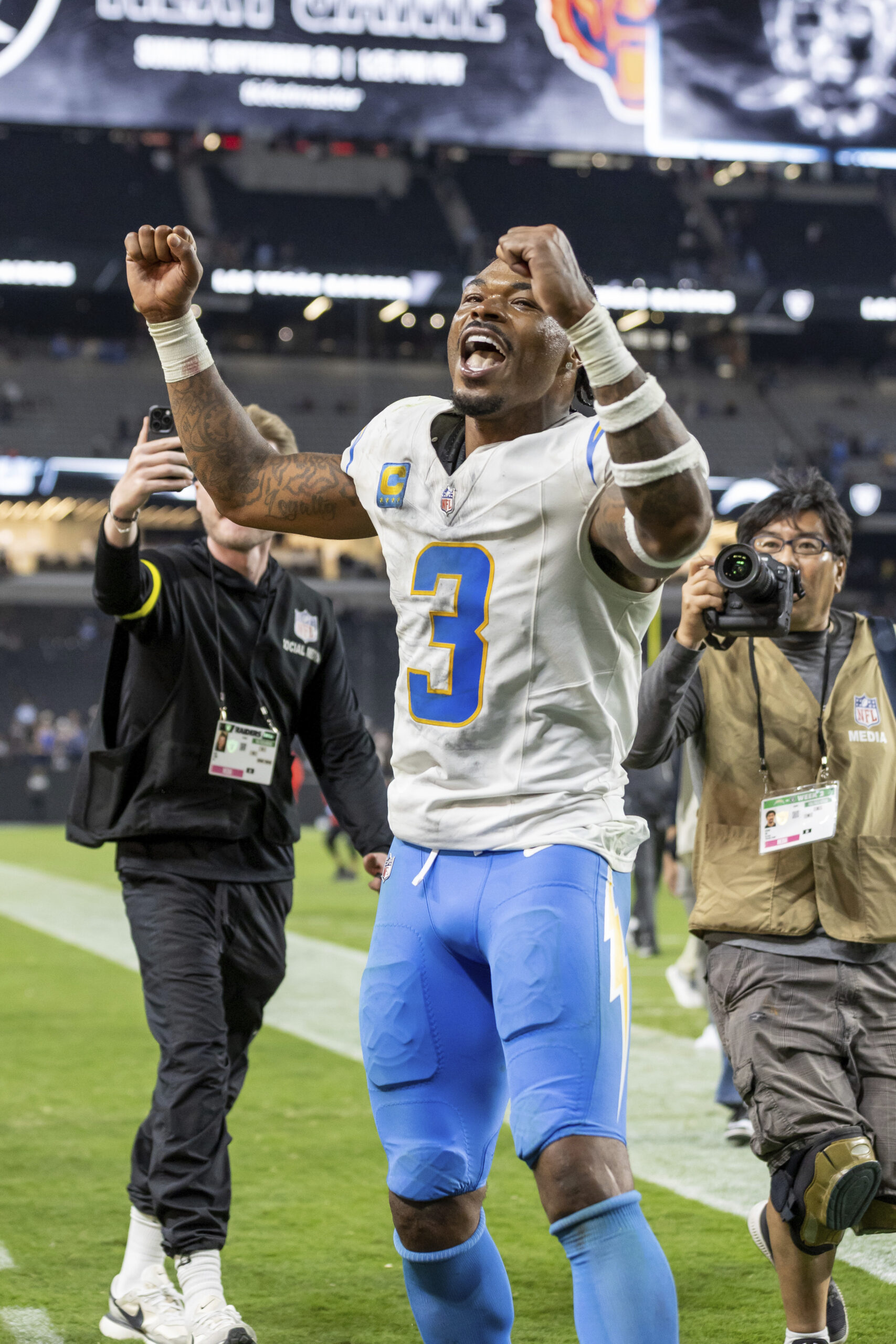 Chargers safety Derwin James, Jr. celebrates after the Chargers’ 20-9...