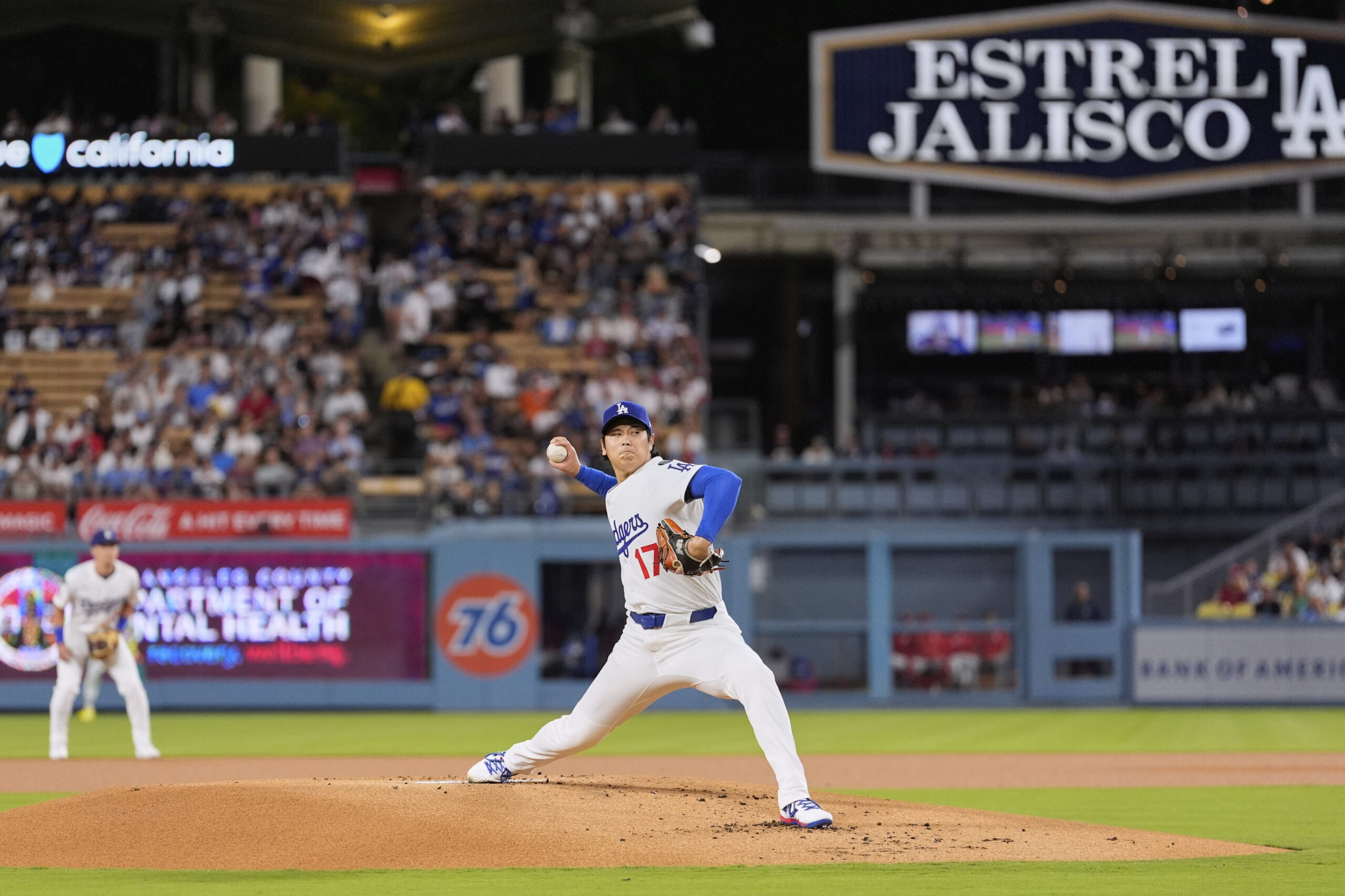 Dodgers starting pitcher Shohei Ohtani throws to the plate during...
