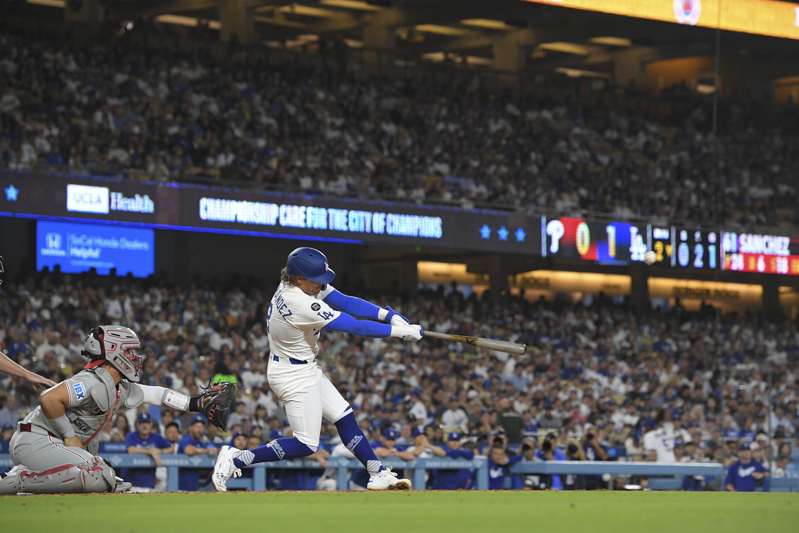 The Dodgers’ Kiké Hernandez hits a two-run home run during...