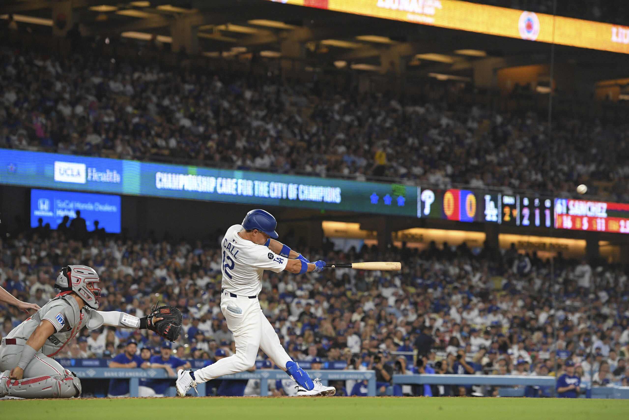 The Dodgers’ Alex Call hits a home run during the...