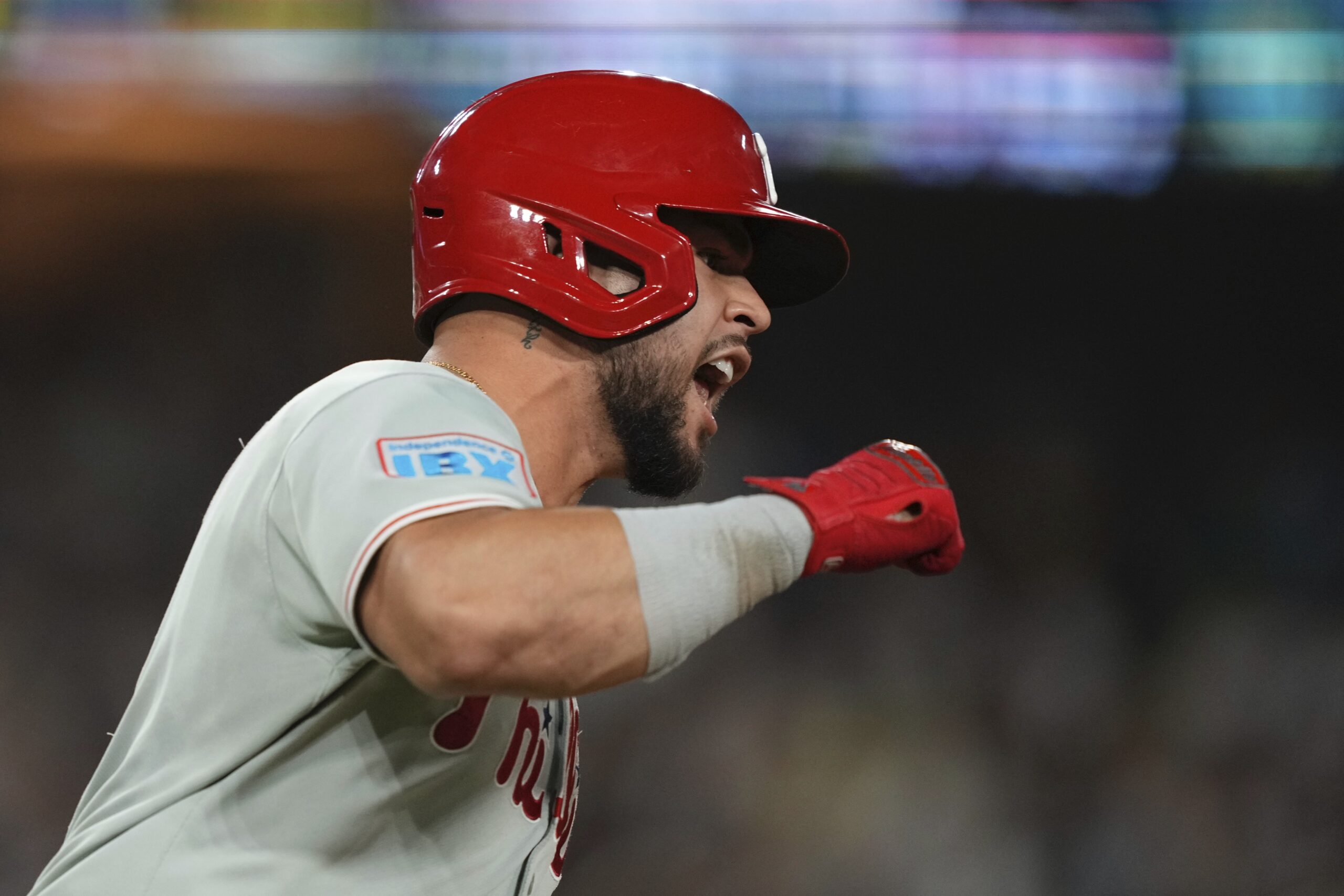 The Philadelphia Phillies’ Rafael Marchan celebrates after hitting a three-run...