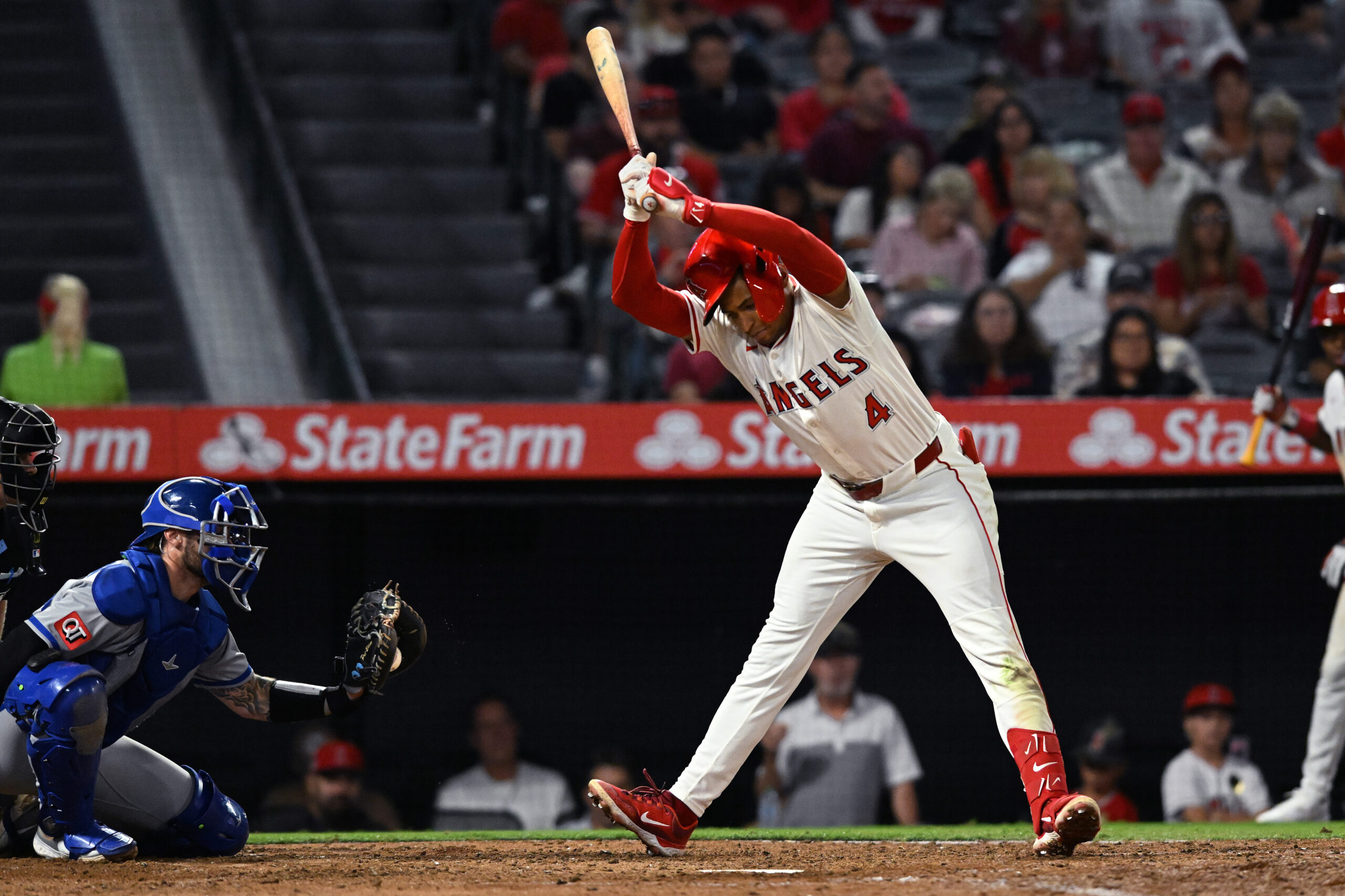 The Angels’ Christian Moore avoids an inside pitch during the...