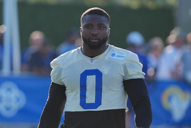 Jul 23, 2025; Los Angeles, CA, USA; Los Angeles Rams linebacker Byron Young (0) during training camp at Loyola Marymount University. Mandatory Credit: Kirby Lee-Imagn Images Byron Young, Rams