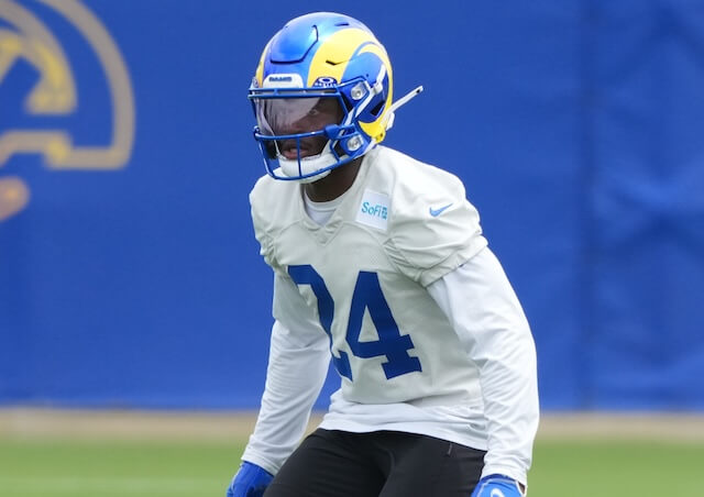 May 28, 2025; Woodland Hills, CA, USA; Los Angeles Rams cornerback Darious Williams (24) participates in defensive drills during organized team activities at Rams Practice Facility. Mandatory Credit: Kirby Lee-Imagn Images Darious Williams, Rams