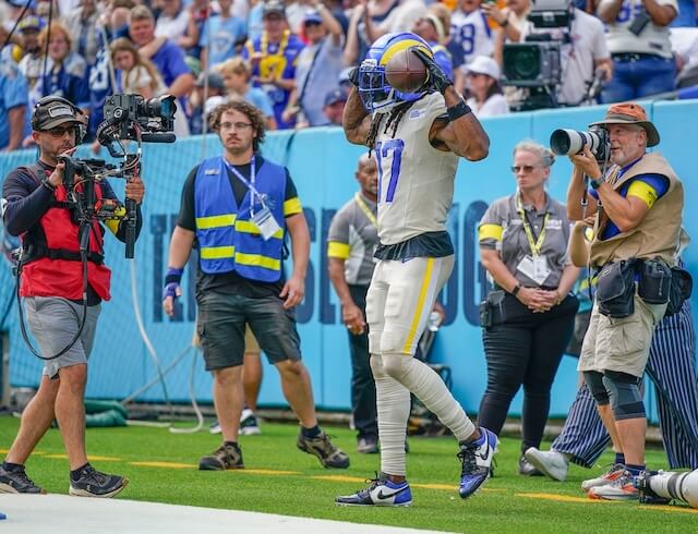 Los Angeles Rams wide receiver Davante Adams (17) celebrates his touchdown against the Tennessee Titans during the fourth quarter at Nissan Stadium in Nashville, Tenn., Sunday, Sept. 14, 2025. Davante Adams, Rams