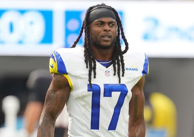 Sep 7, 2025; Inglewood, California, USA; Los Angeles Rams wide receiver Davante Adams (17) reacts in the second half against the Houston Texans at SoFi Stadium. Mandatory Credit: Kirby Lee-Imagn Images Davante Adams, Rams