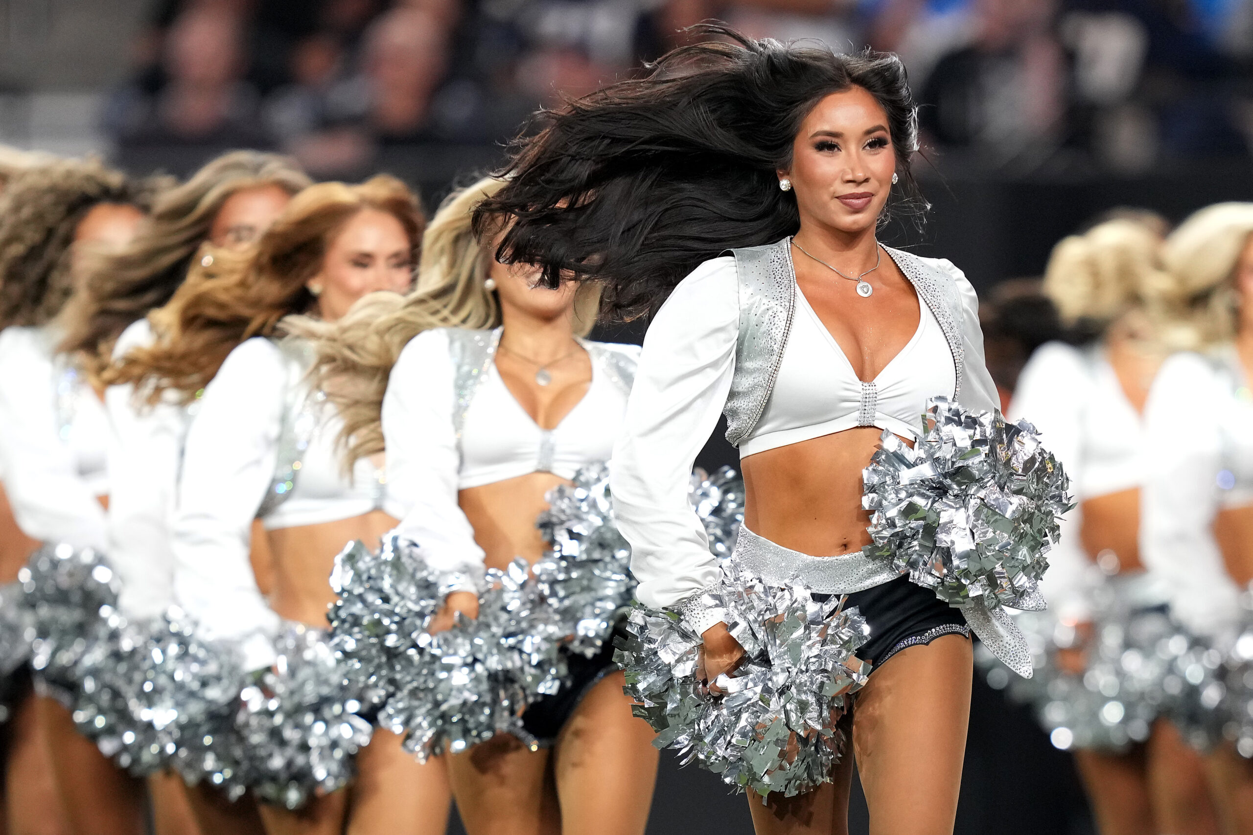 Las Vegas Raiders cheerleaders perform during the fourth quarter of...