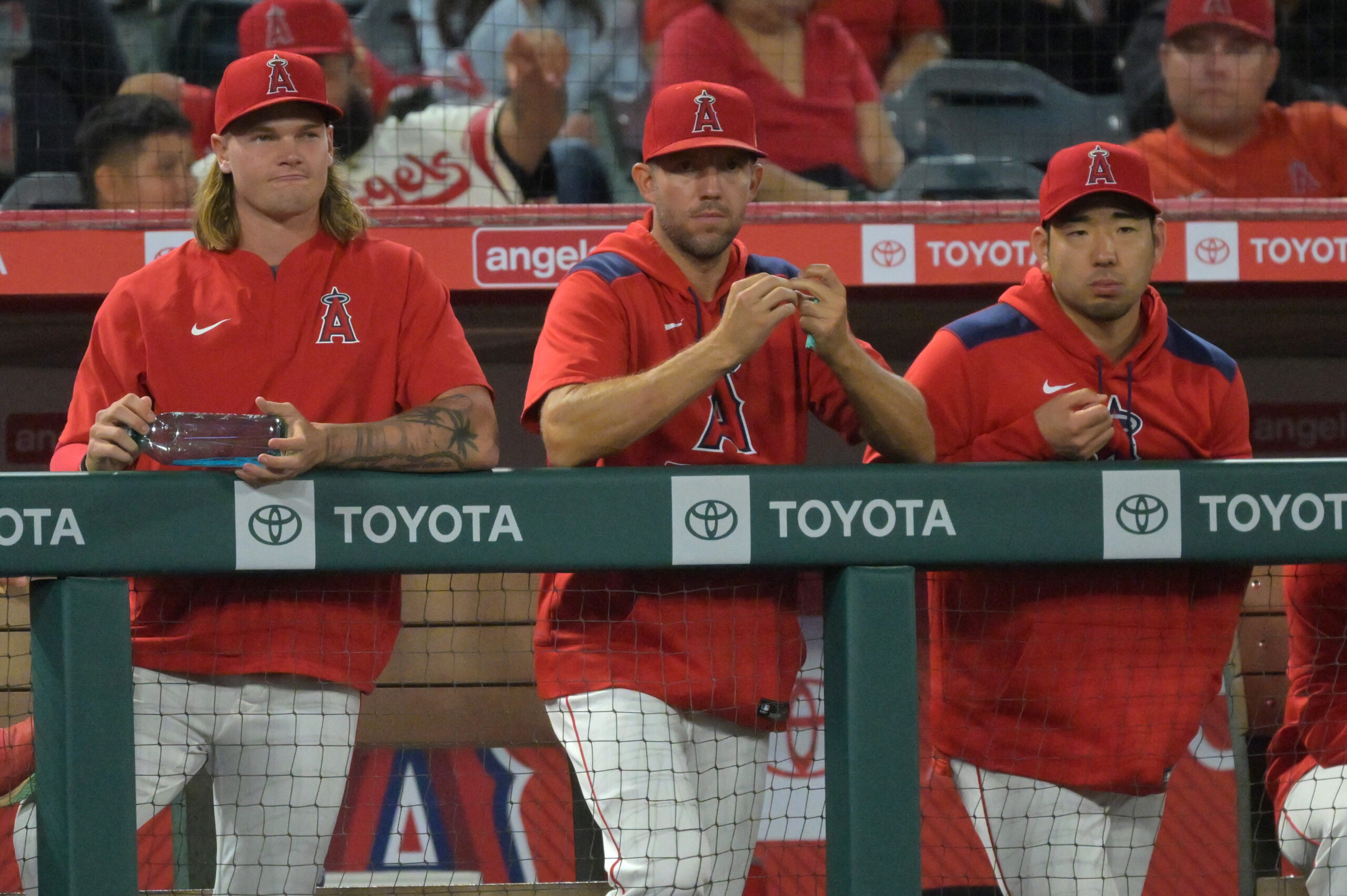 Angels pitchers Caden Dana, left, Tyler Anderson, center, and Yusei...