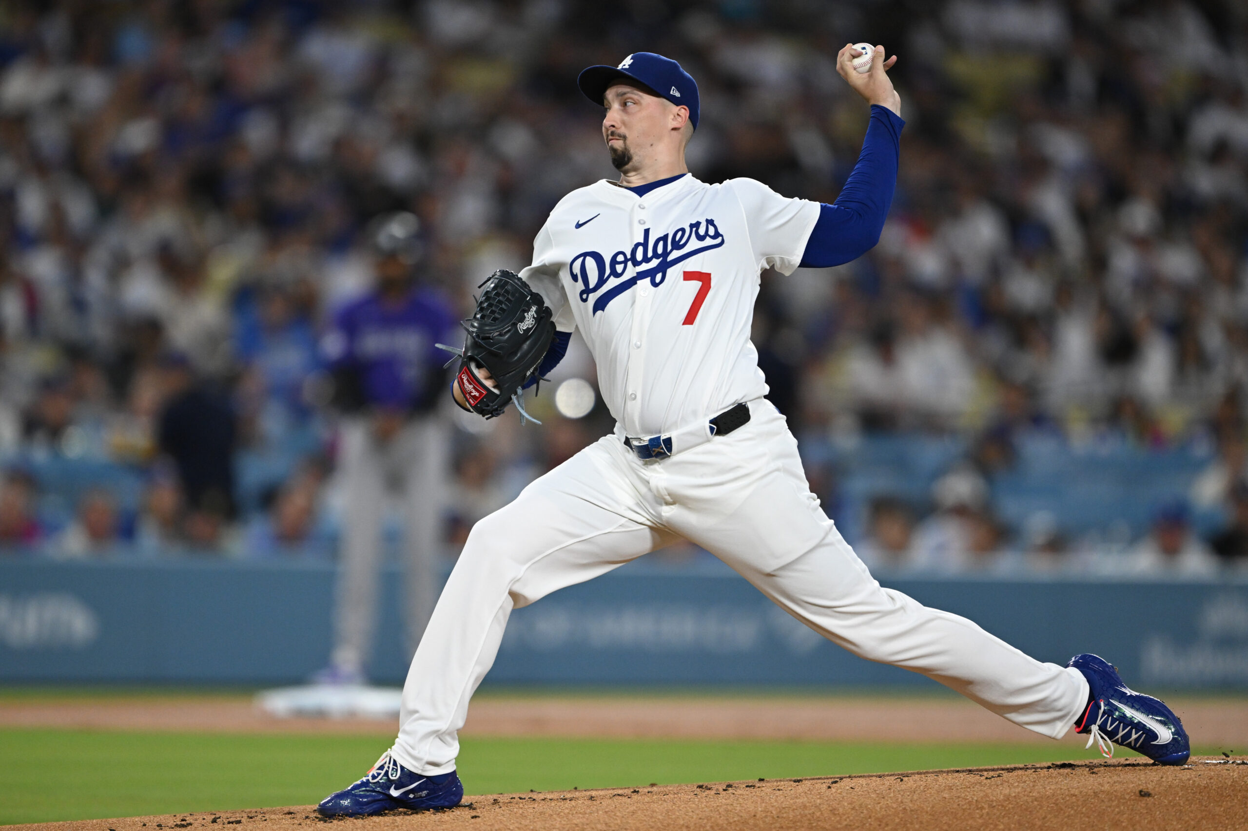 Dodgers starting pitcher Blake Snell throws to the plate during...