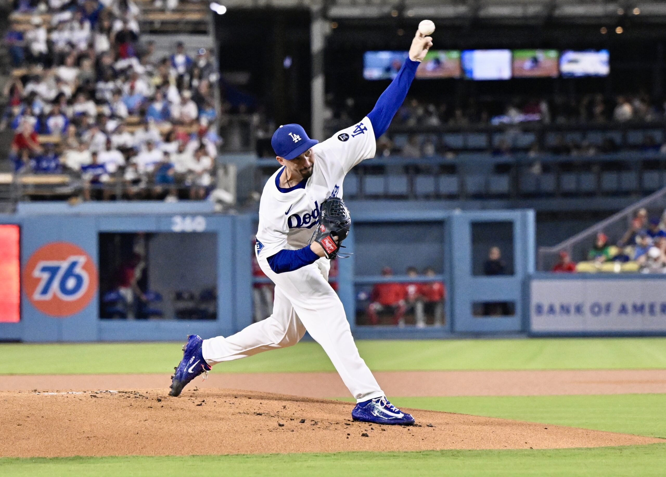 Dodgers starting pitcher Blake Snell throws to the plate during...