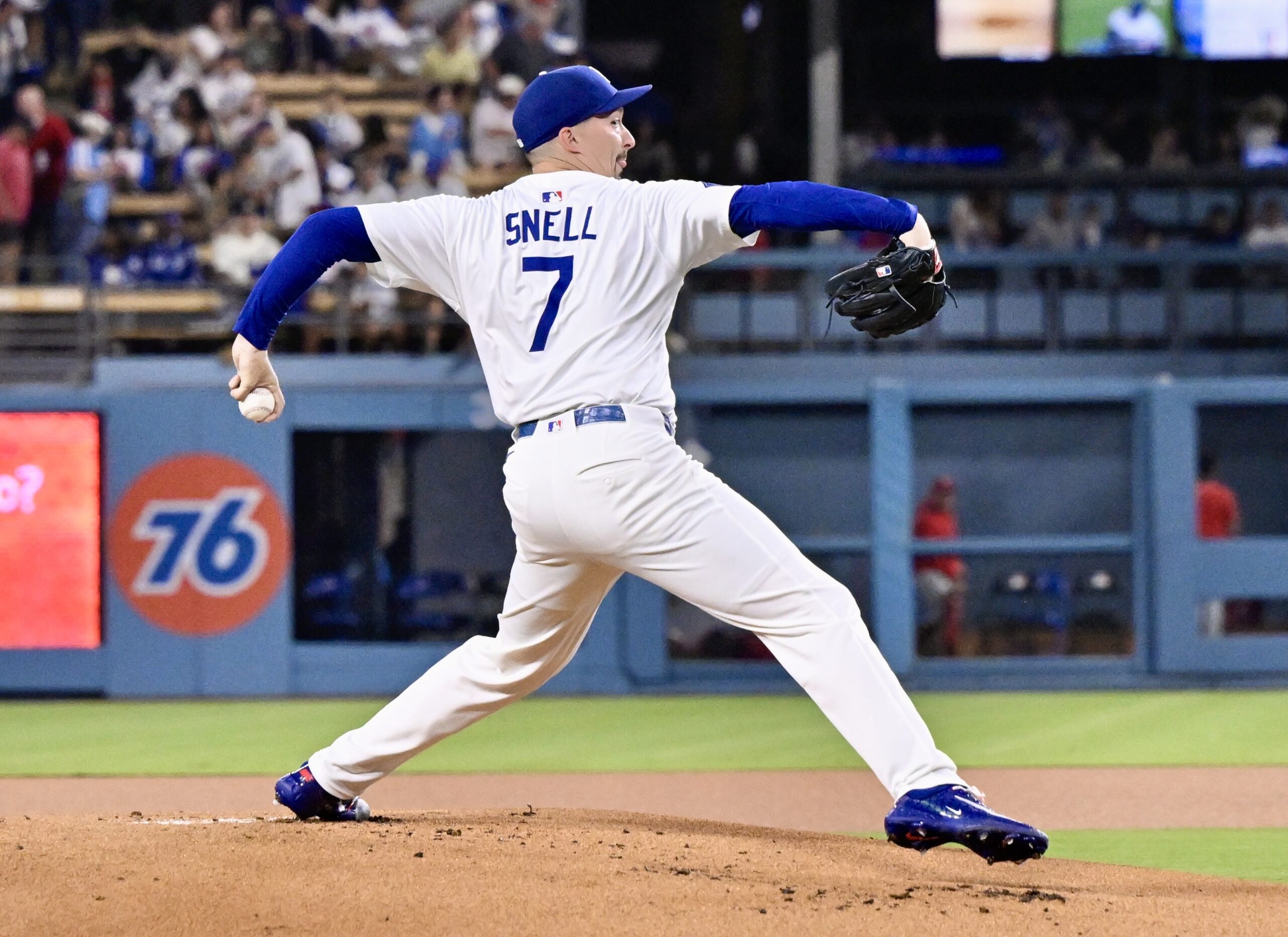 Dodgers starting pitcher Blake Snell throws to the plate during...