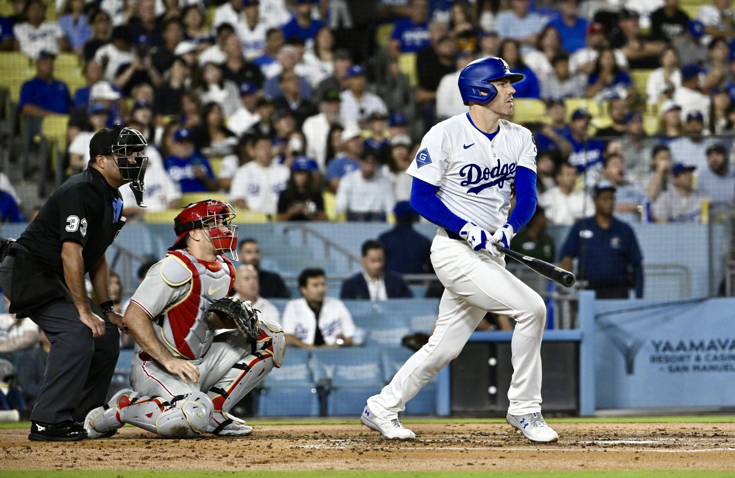 The Dodgers’ Freddie Freeman hits a solo home run off...