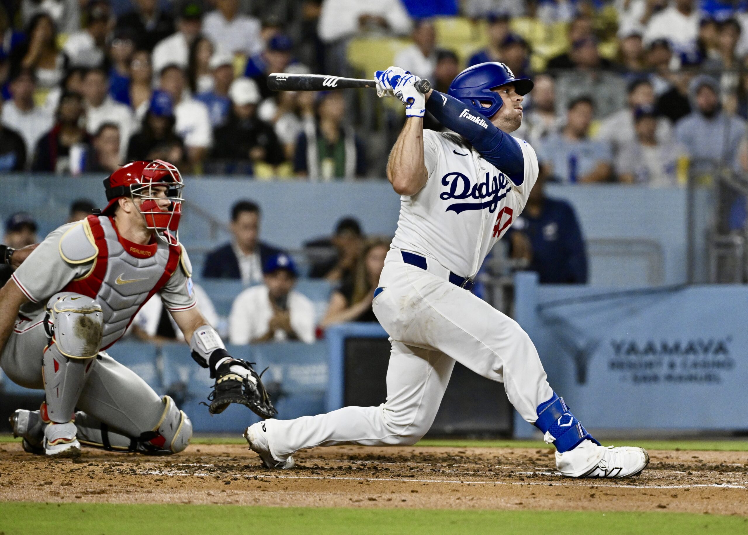 The Dodgers’ Ben Rortvedt hits an RBI single during the...
