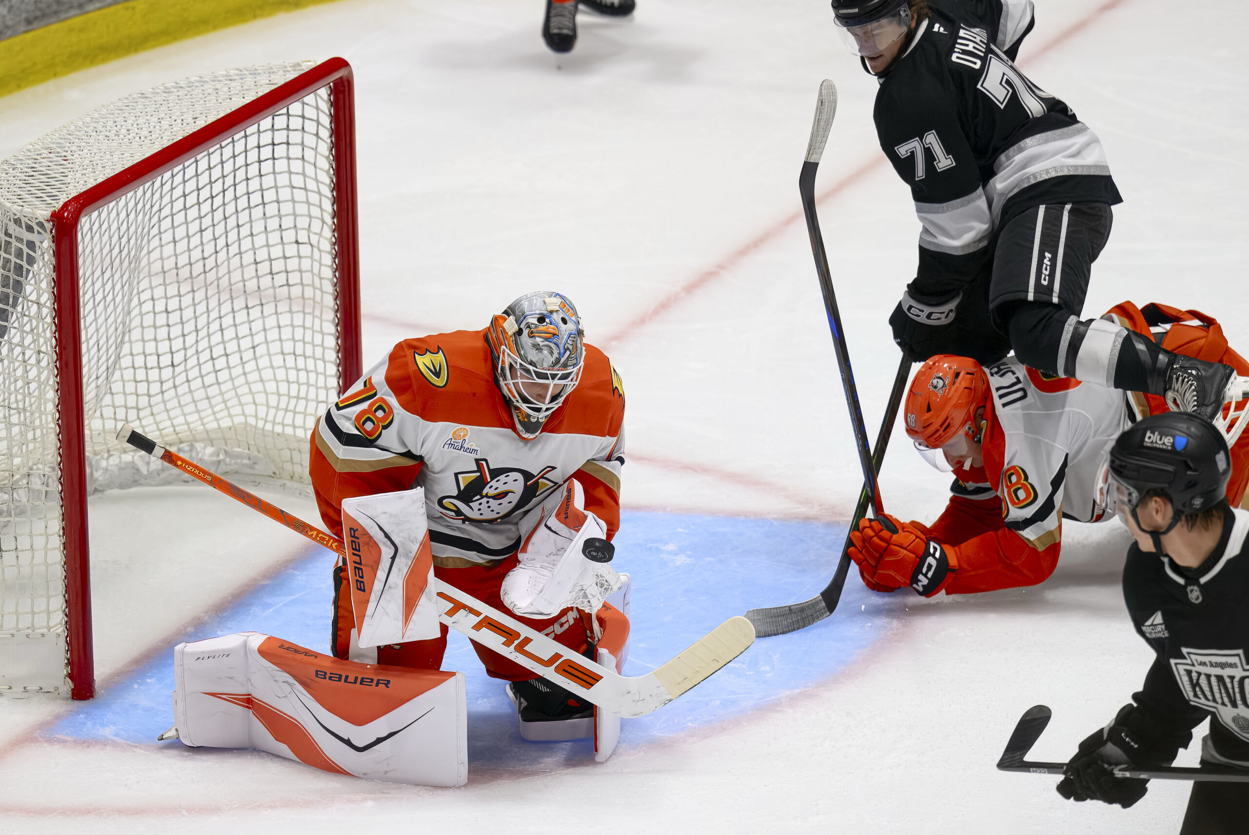 The Ducks’ goalie Tomas Suchanek gets in front of a...