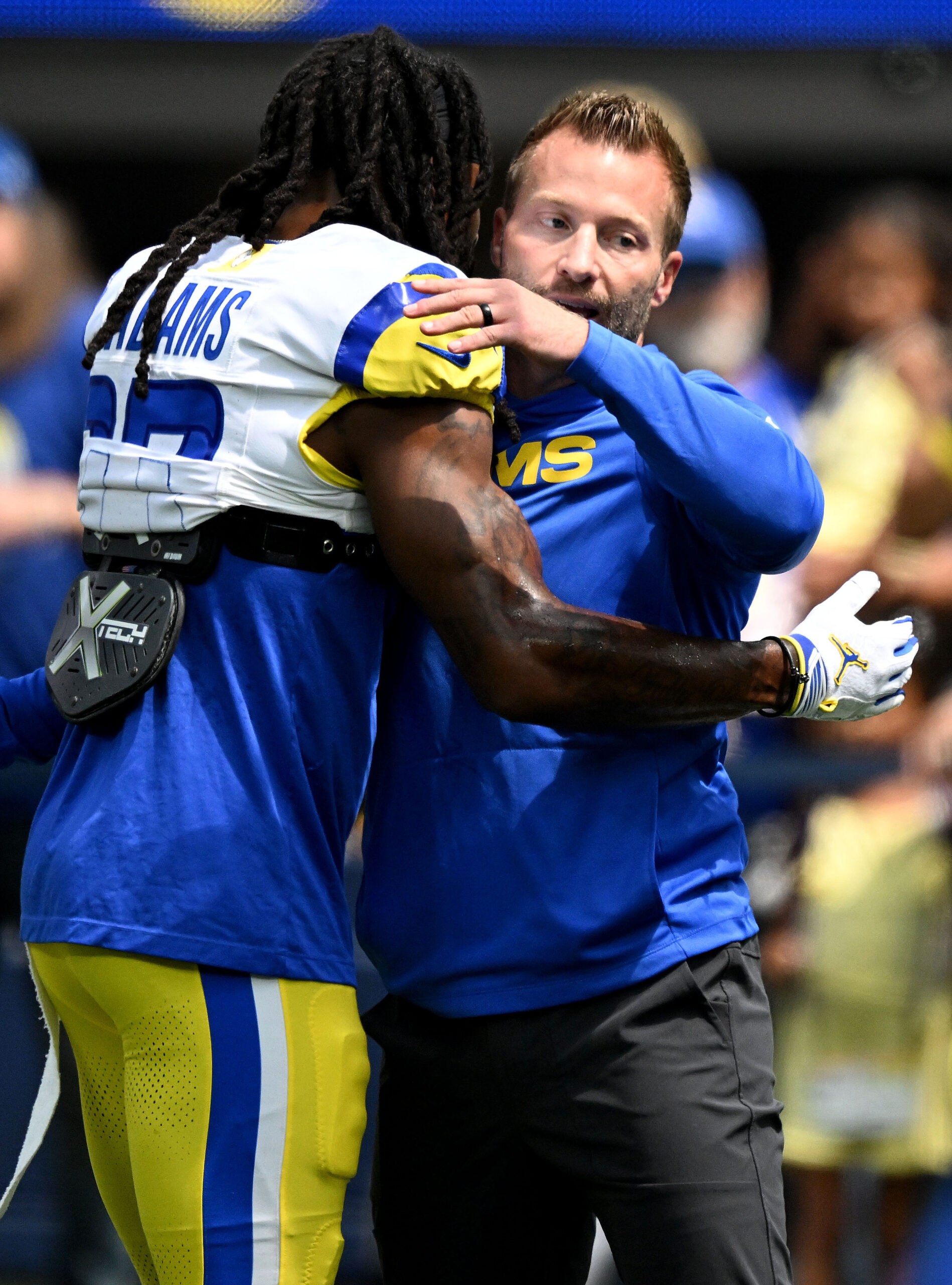 New Rams veteran wide receiver Daavante Adams is greeted by...