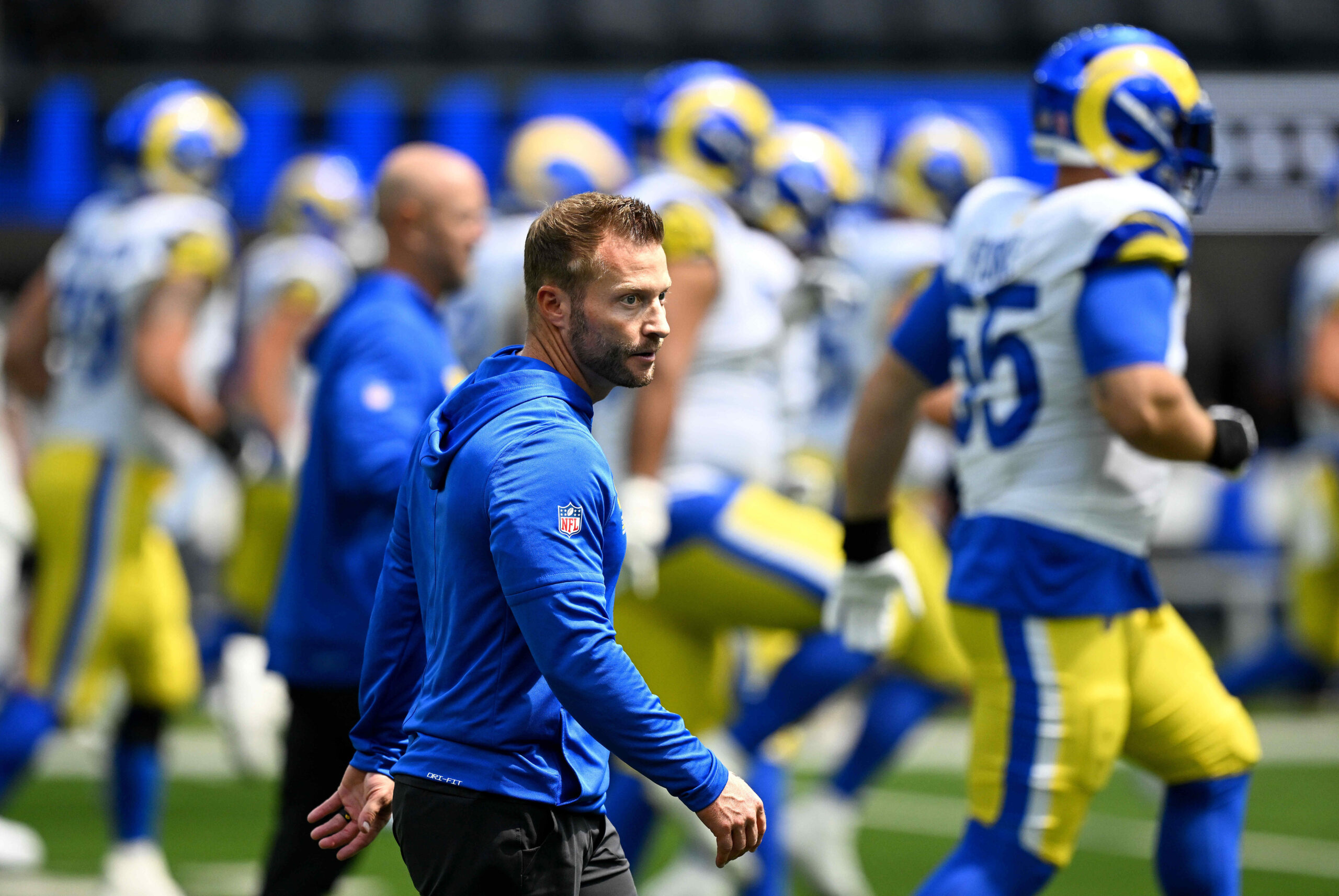 Rams head coach Sean McVay joins his team during pregam...