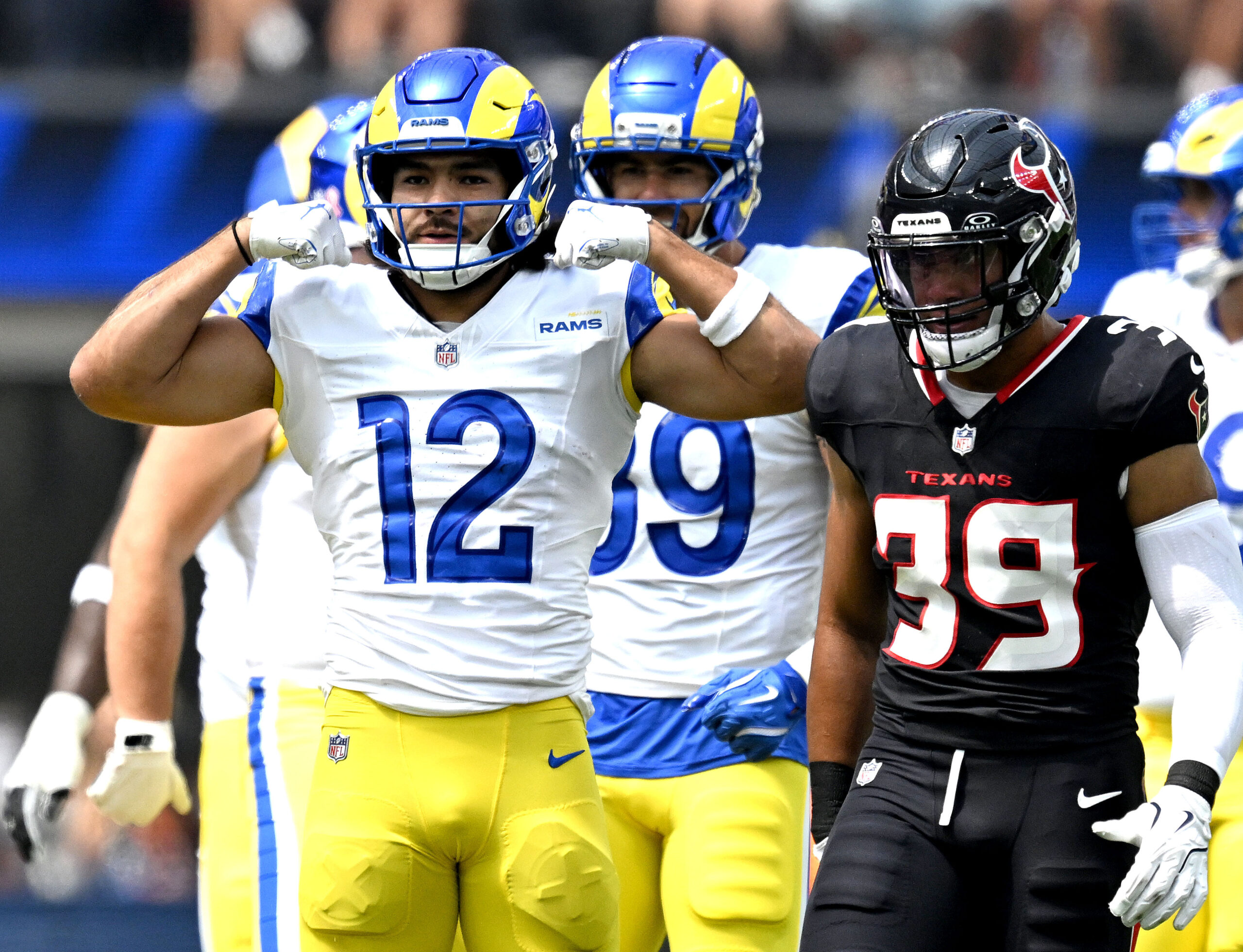 Rams wide receiver Puka Nacua reacts after a first quarter...