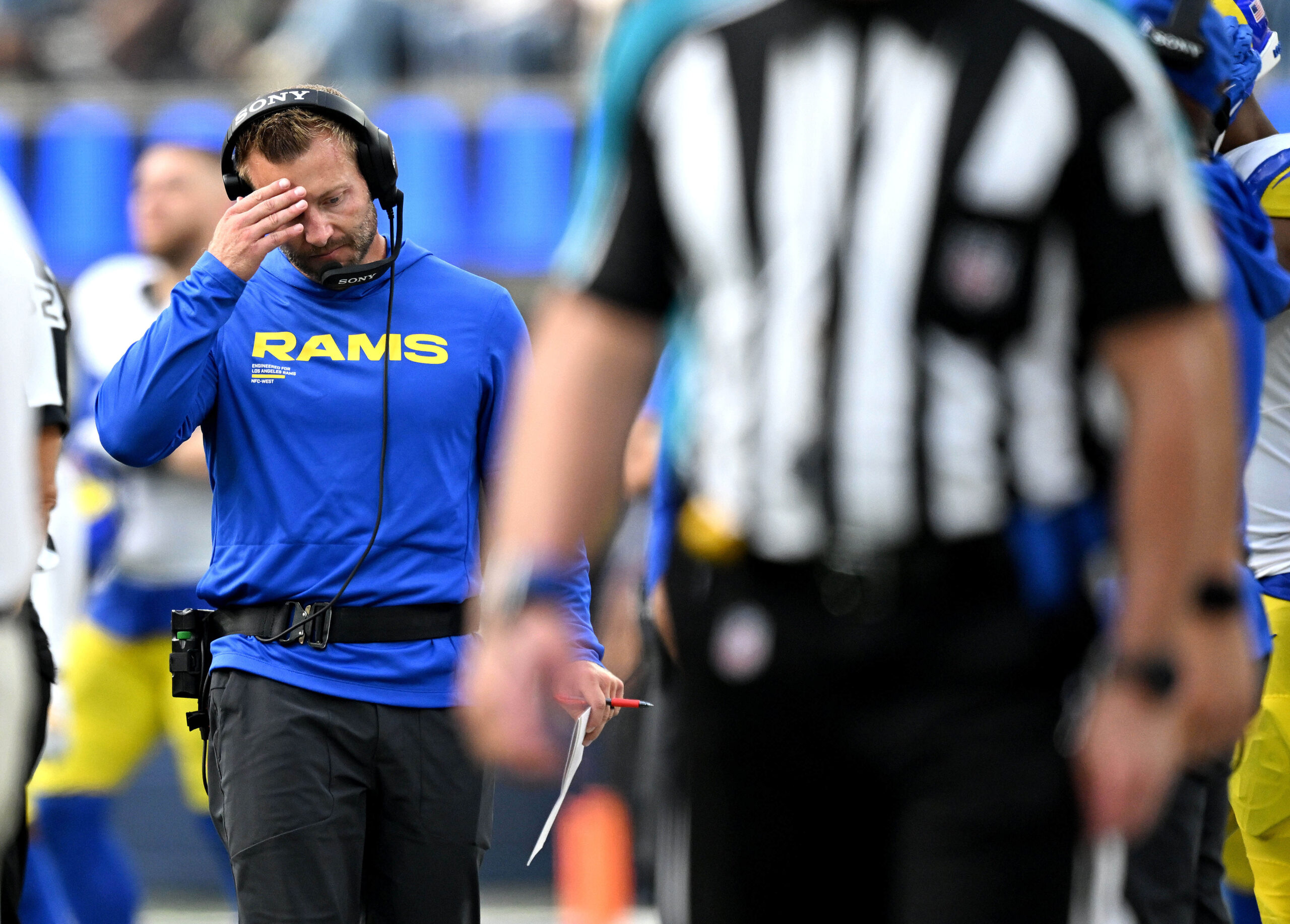 Rams head coach Sean McVay reacts following a late fourth...