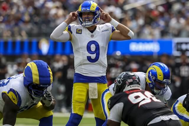 Sep 7, 2025; Inglewood, California, USA; Los Angeles Rams quarterback Matthew Stafford (9) signals during the third quarter at SoFi Stadium. Mandatory Credit: Kiyoshi Mio-Imagn Images Matthew Stafford, Rams
