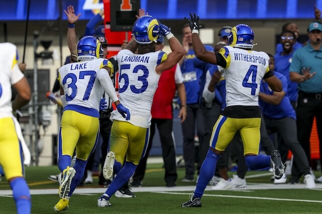 Sep 7, 2025; Inglewood, California, USA; Los Angeles Rams linebacker Nate Landman (53) celebrates after forcing a fumble during the fourth quarter at SoFi Stadium. Mandatory Credit: Kiyoshi Mio-Imagn Images Nate Landman, Rams, Texans