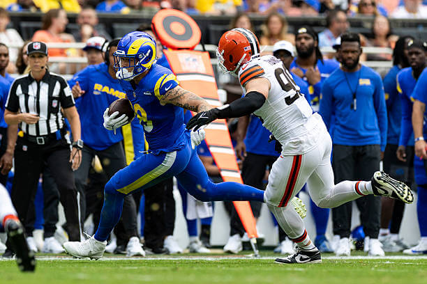 CLEVELAND, OHIO - AUGUST 23: Terrance Ferguson #18 of the Los Angeles Rams runs the ball in the second quarter during the NFL Preseason 2025 game against the Cleveland Browns at Huntington Bank Field on August 23, 2025 in Cleveland, Ohio. (Photo by Lauren Leigh Bacho/Getty Images)