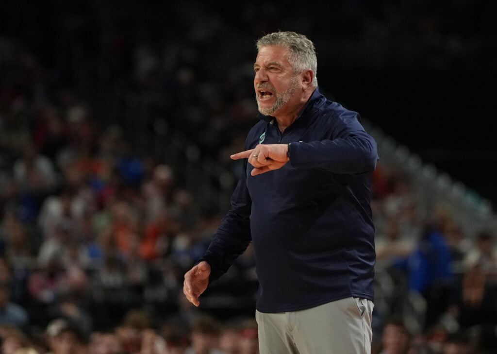 Apr 5, 2025; San Antonio, TX, USA; Auburn Tigers head coach Bruce Pearl reacts after a play against the Florida Gators during the second half in the semifinals of the men's Final Four of the 2025 NCAA Tournament at the Alamodome. Mandatory Credit: Bob Donnan-Imagn Images