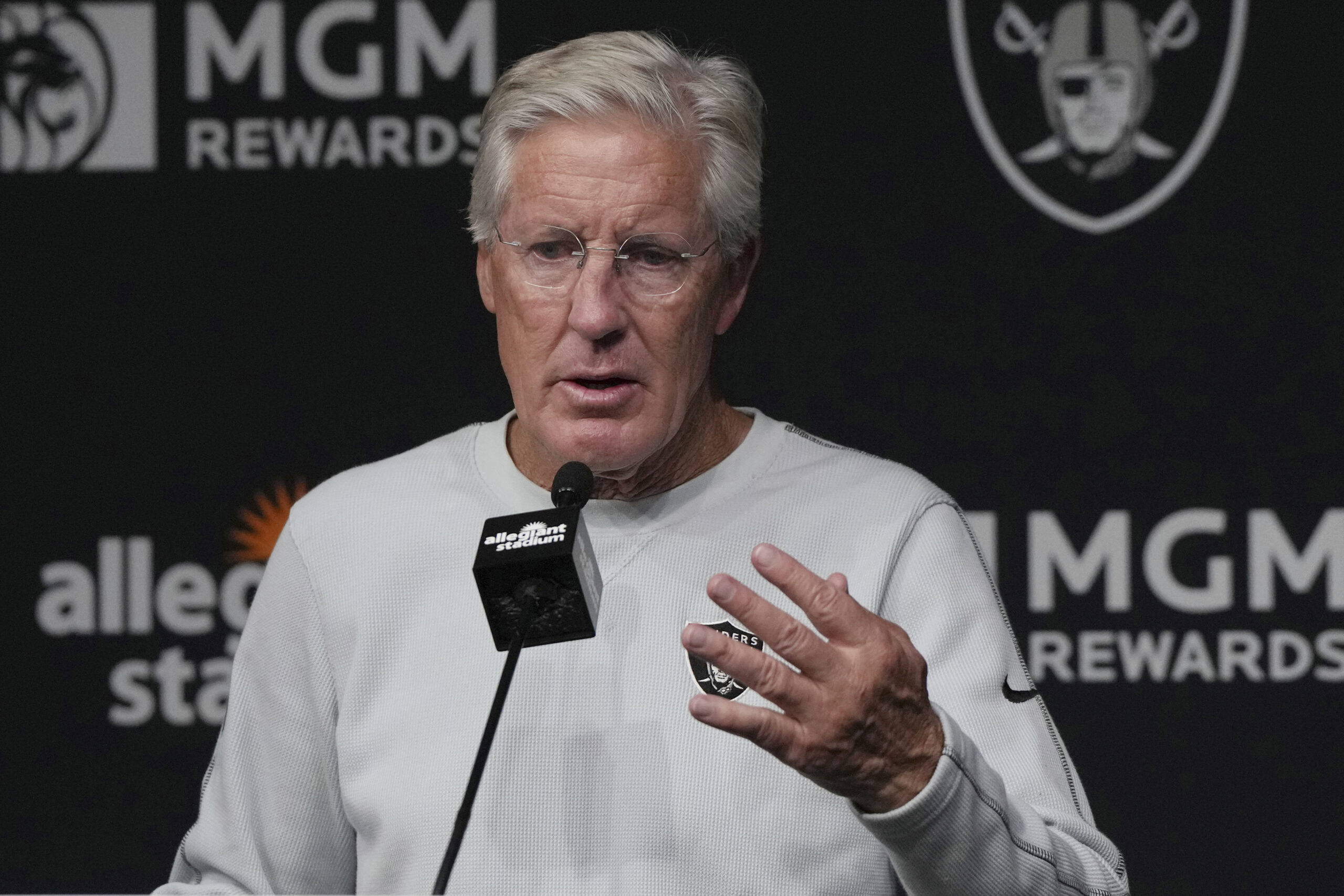 Las Vegas Raiders head coach Pete Carroll speaks during a...