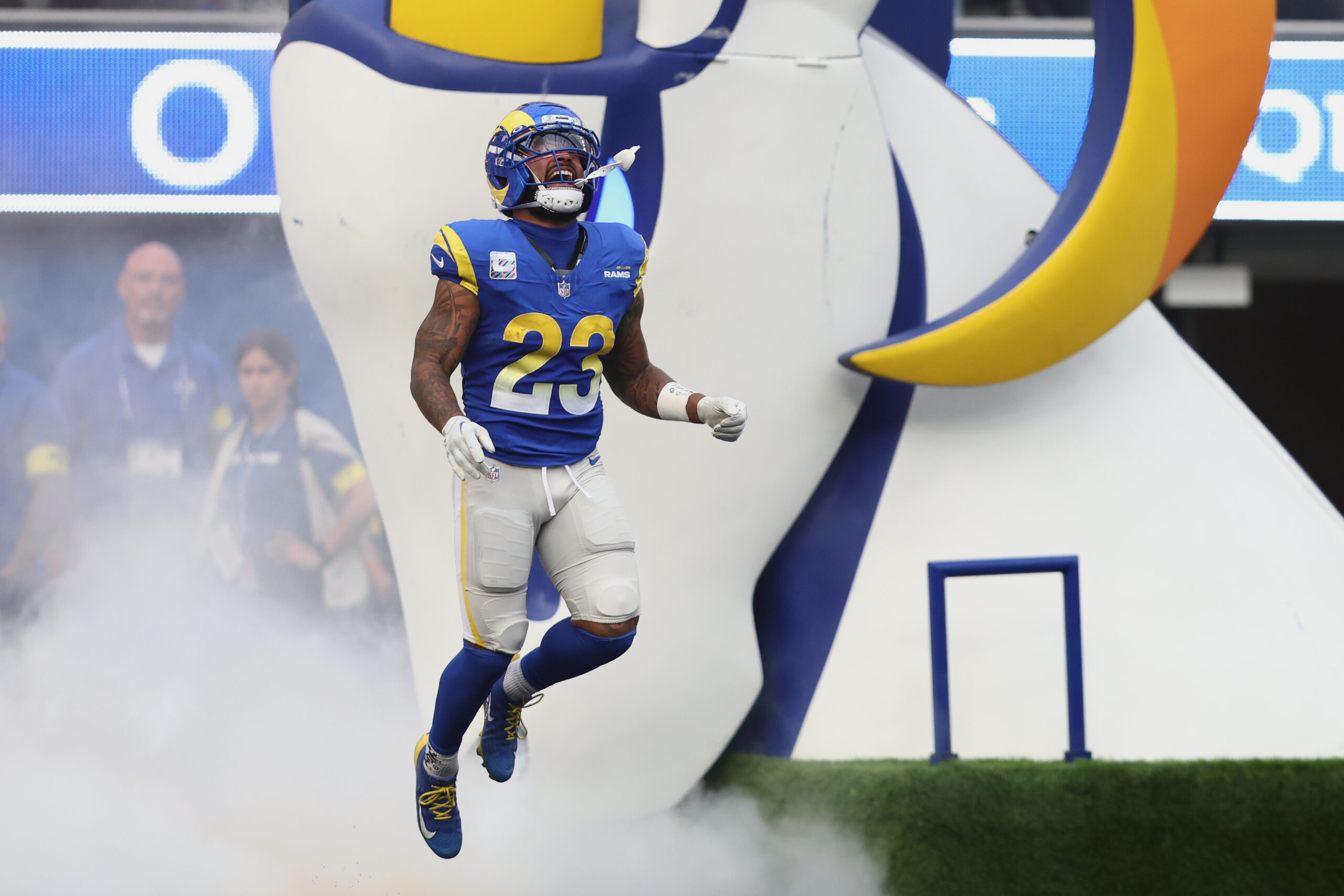 Rams running back Kyren Williams is introduced before an NFL...