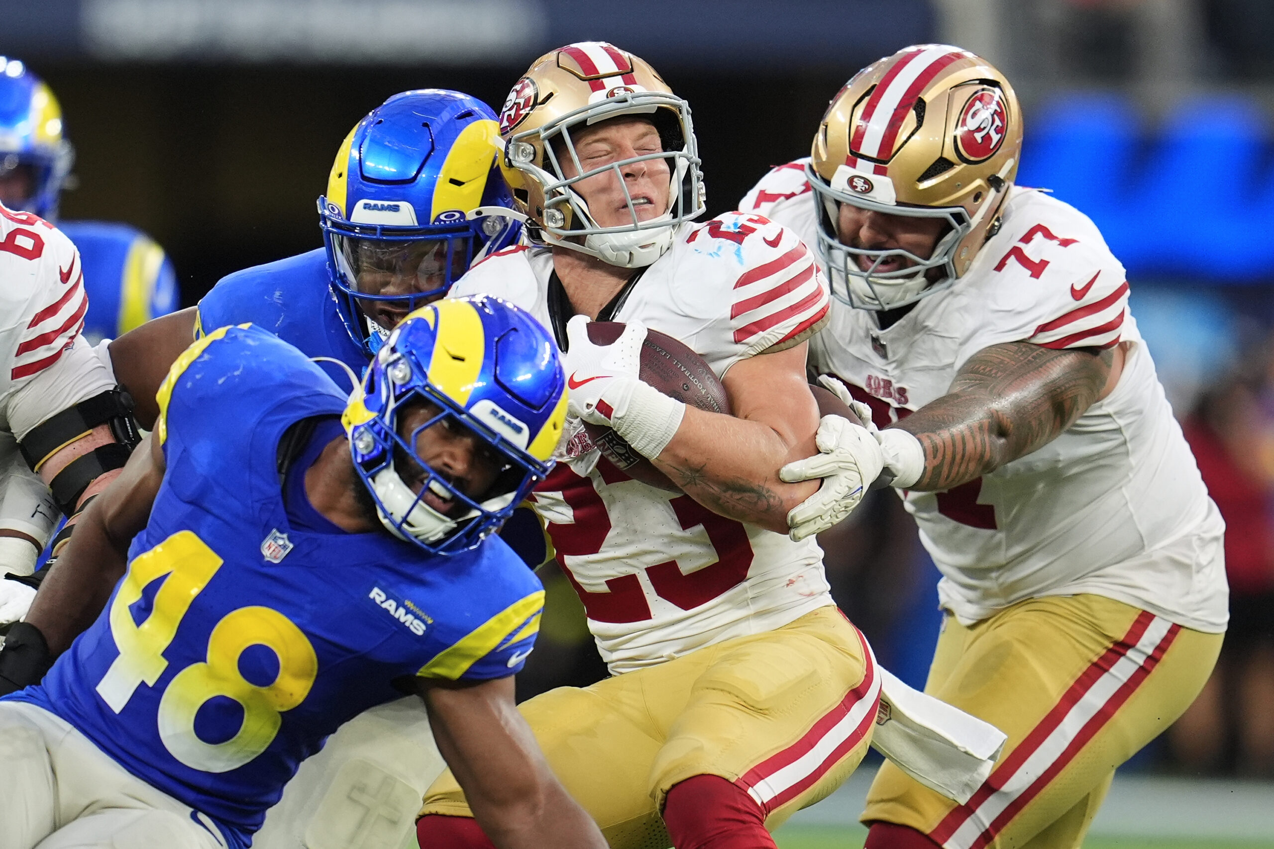 San Francisco 49ers running back Christian McCaffrey (23) runs against...