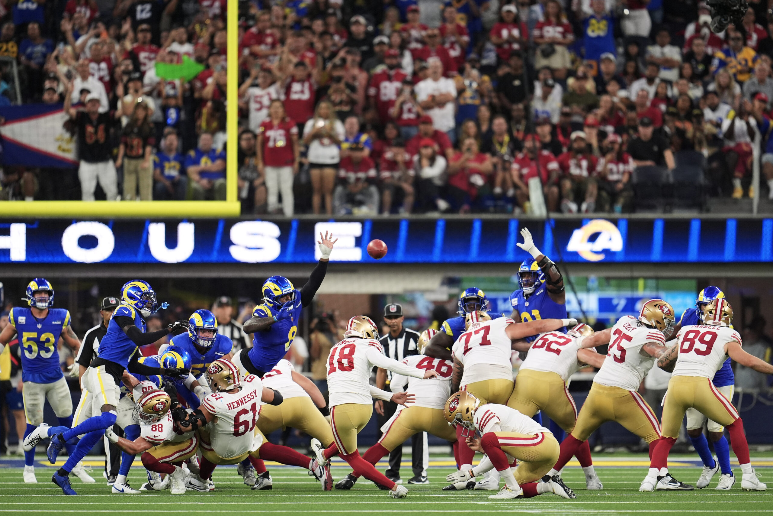 San Francisco 49ers kicker Eddy Piñeiro (18) kicks a field...