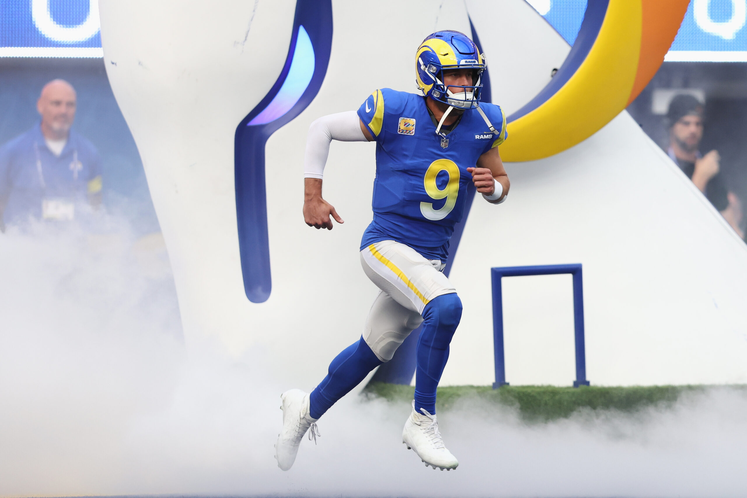 Rams quarterback Matthew Stafford is introduced before an NFL football...